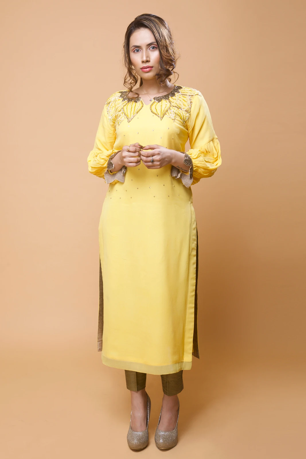 Women Yellow Embellished Straight Kurta view 5