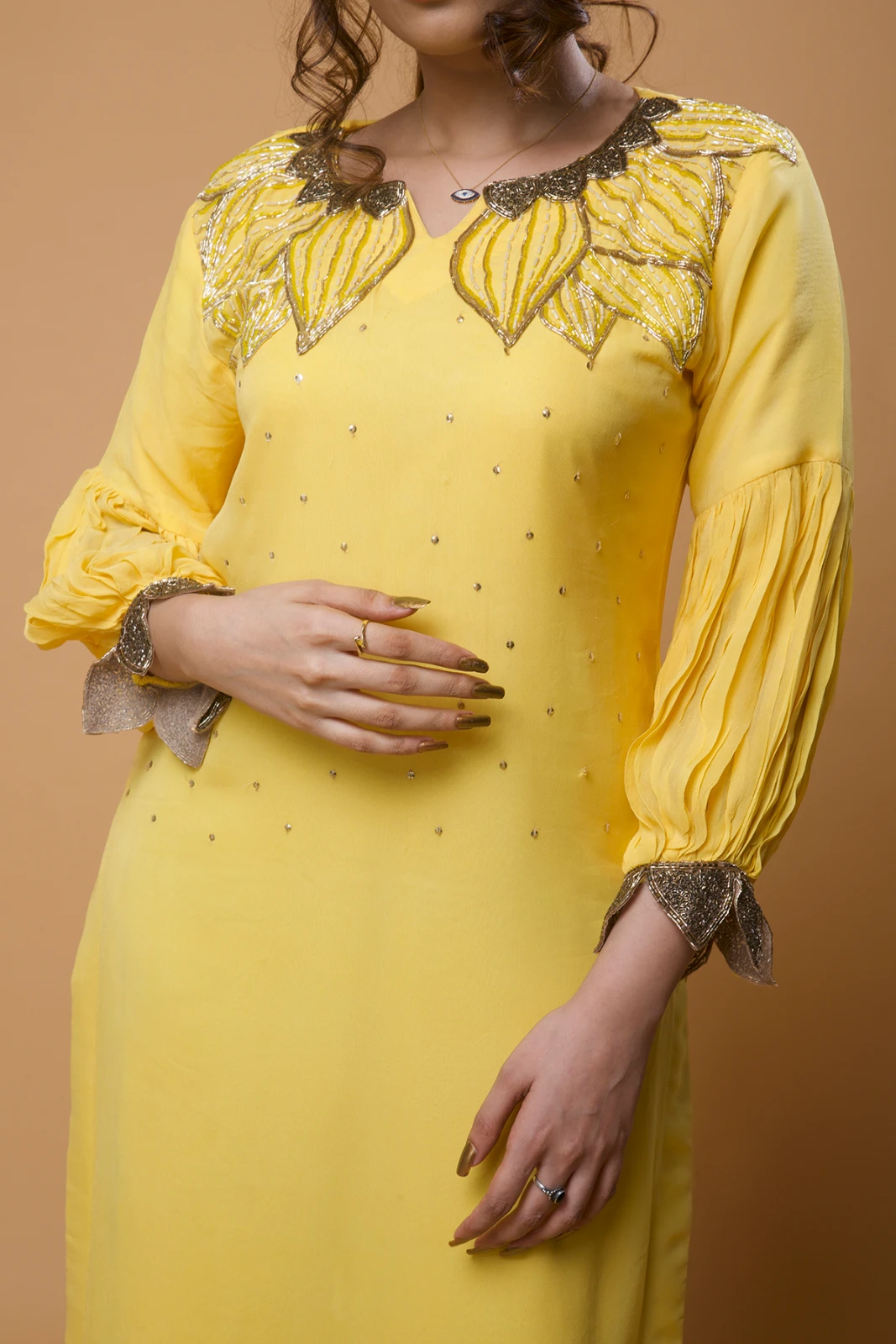 Women Yellow Embellished Straight Kurta view 6