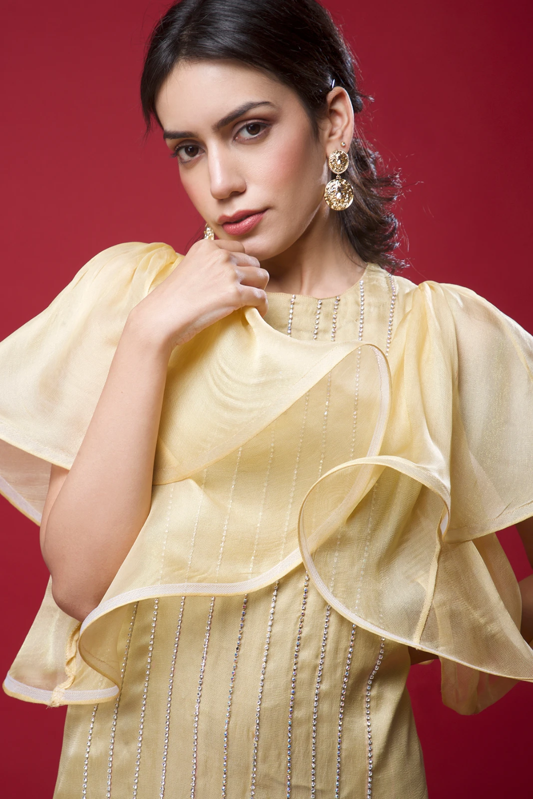Women's Gold Ruffle Sleeve Embellished Midi Dress view 2