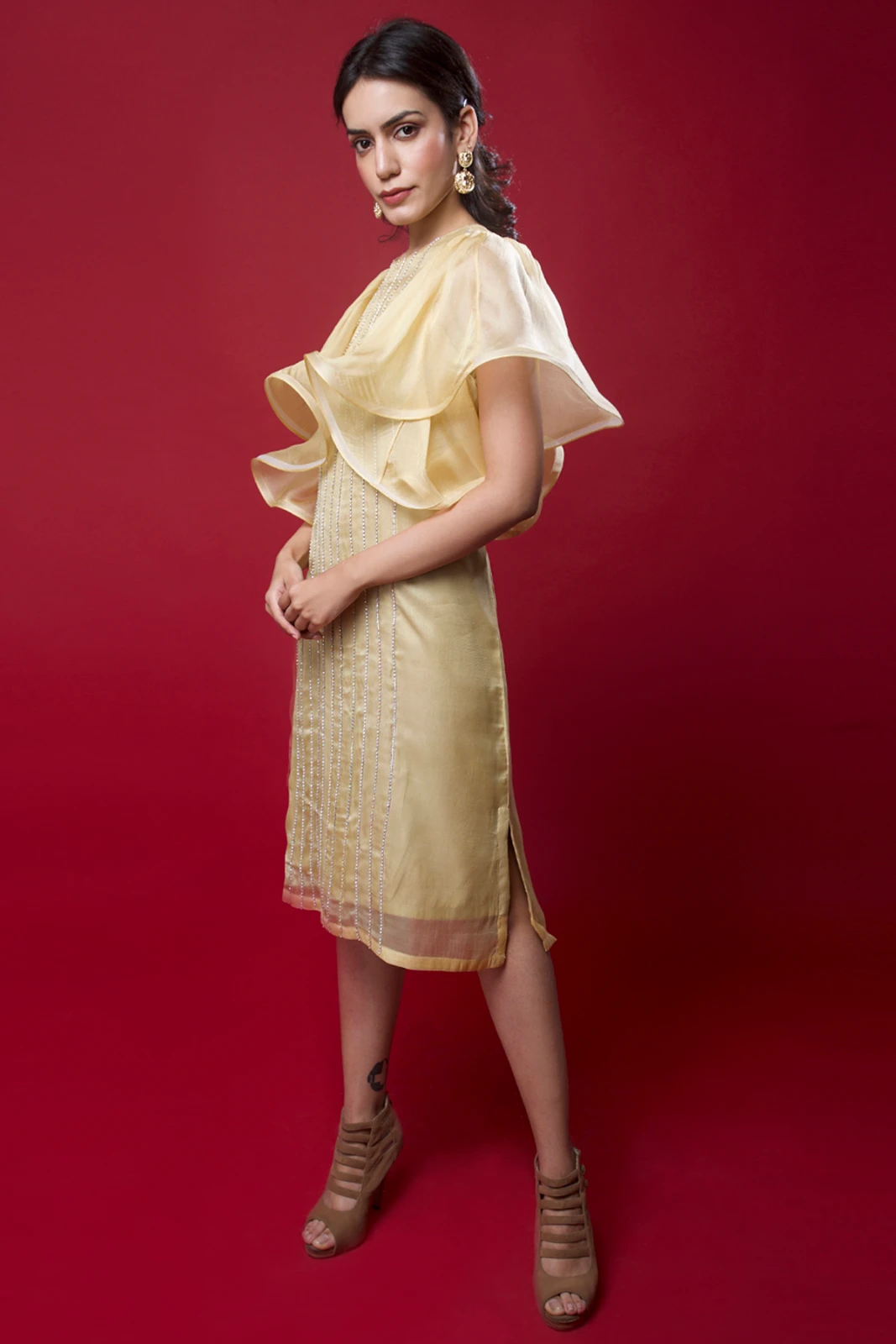 Women's Gold Ruffle Sleeve Embellished Midi Dress view 3