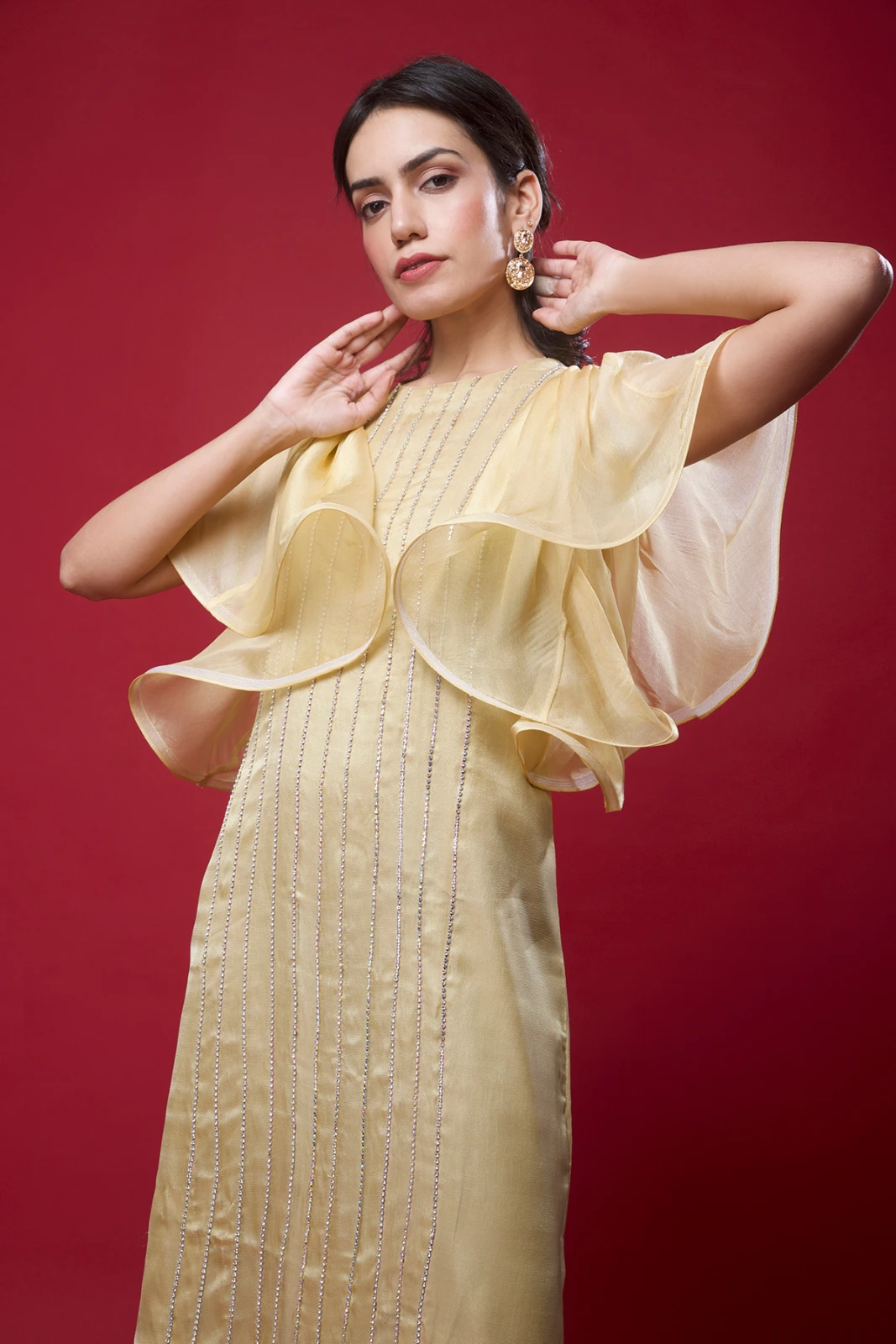 Women's Gold Ruffle Sleeve Embellished Midi Dress view 4