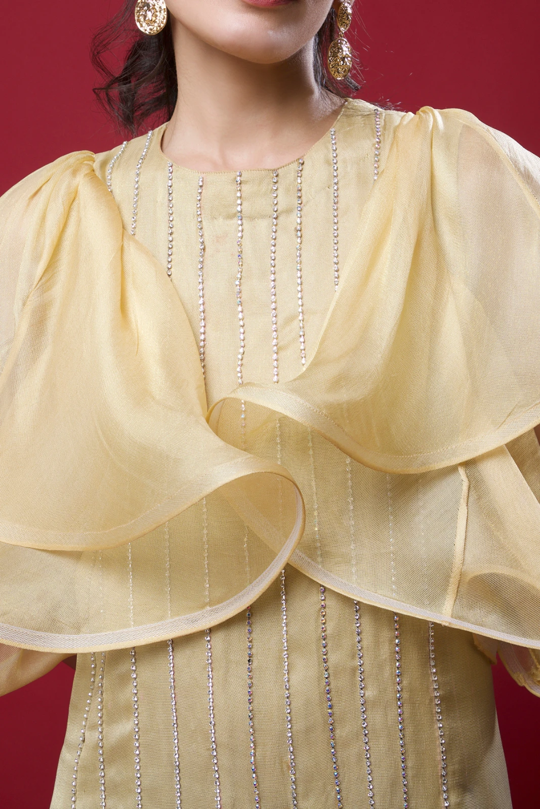 Women's Gold Ruffle Sleeve Embellished Midi Dress view 5