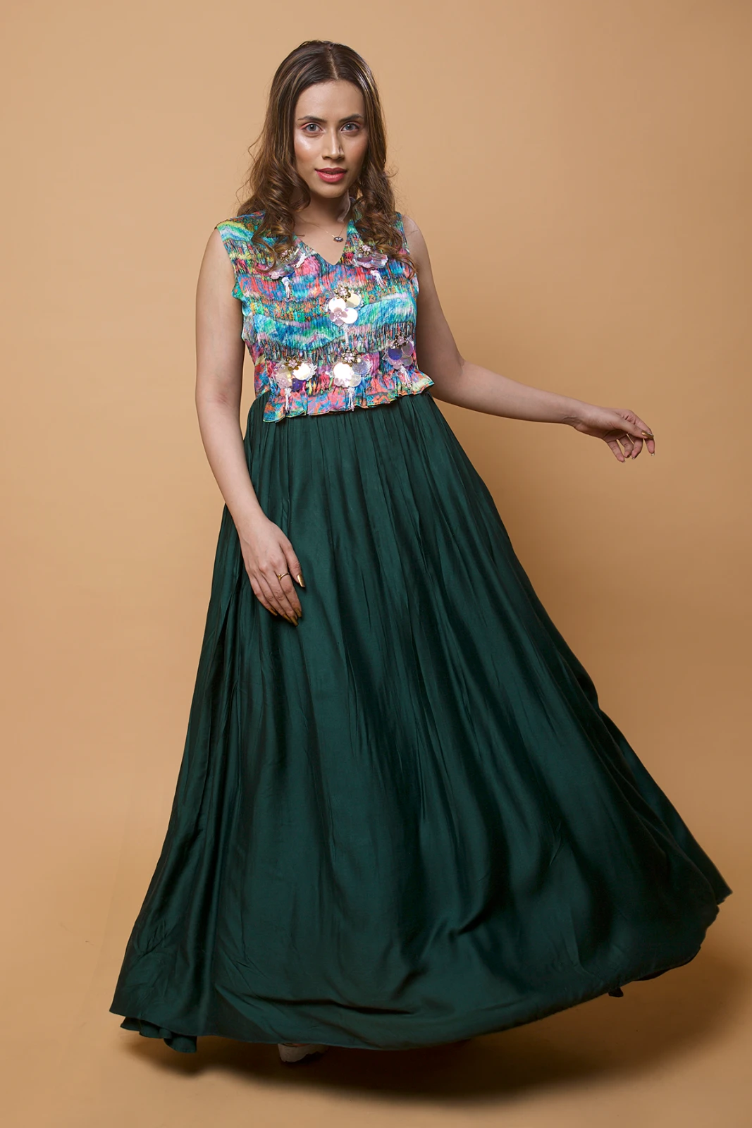 Women’s Sleeveless Printed Bodice Gown with Embellished Detail view 2