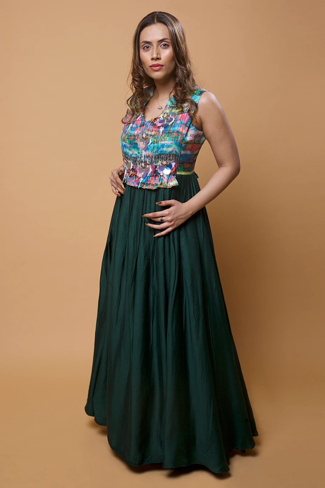Women’s Sleeveless Printed Bodice Gown with Embellished Detail view 3