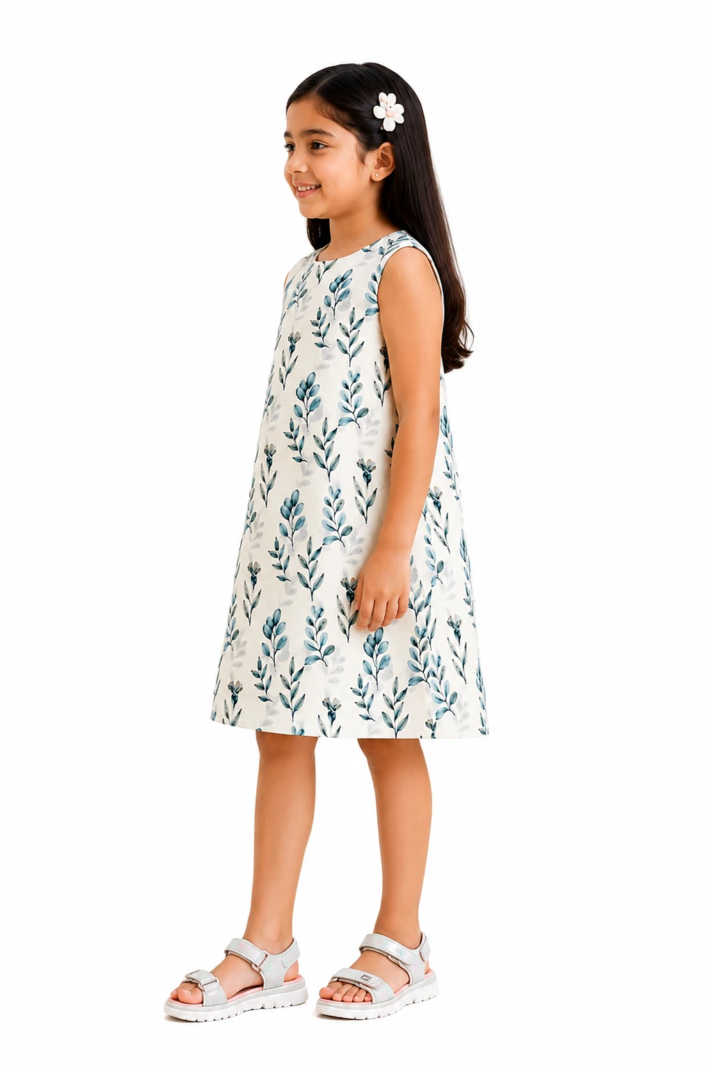 Girls Sleeveless Floral Print A-Line Dress view 3