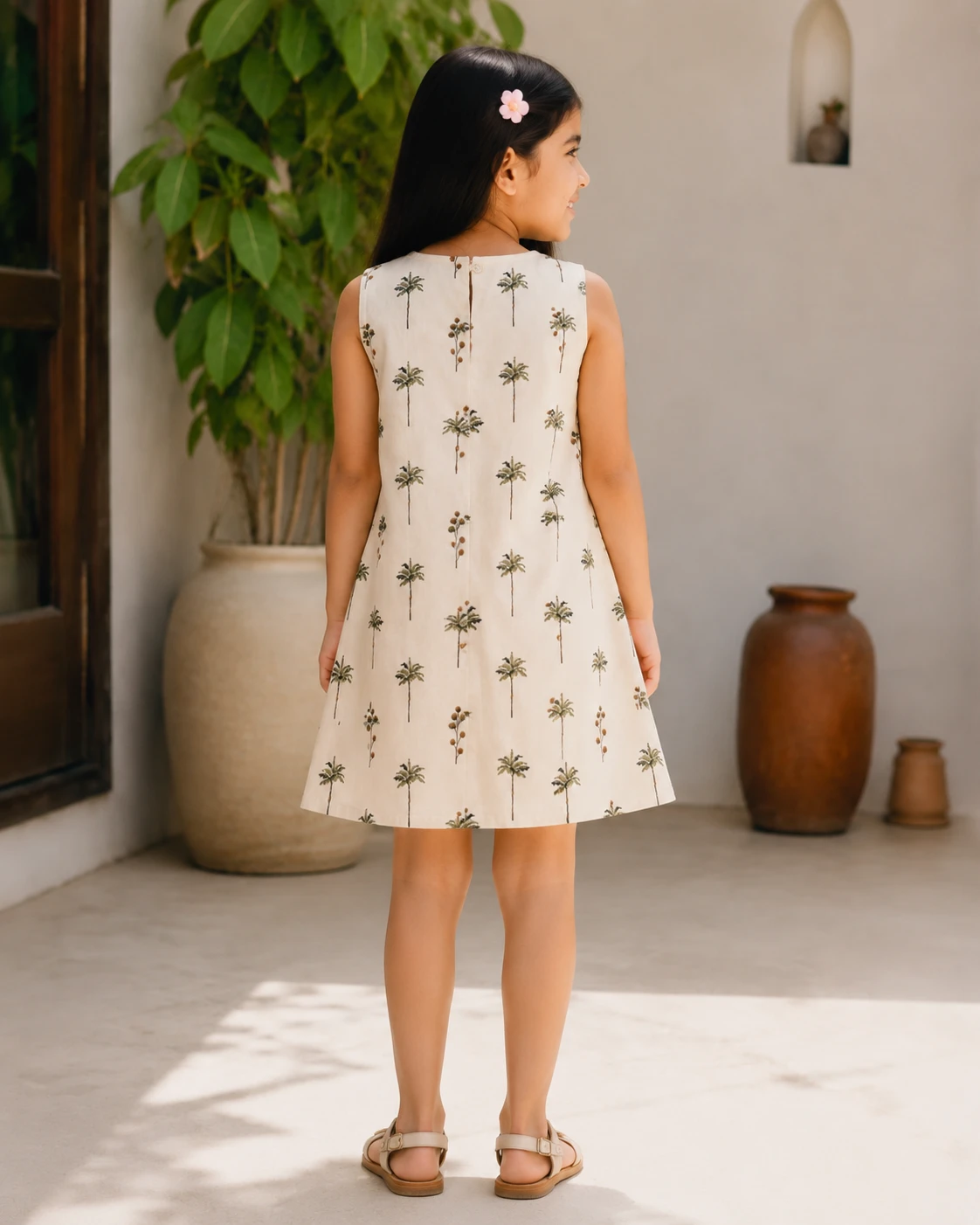 Girls Sleeveless Palm Tree Print A-Line Dress view 2