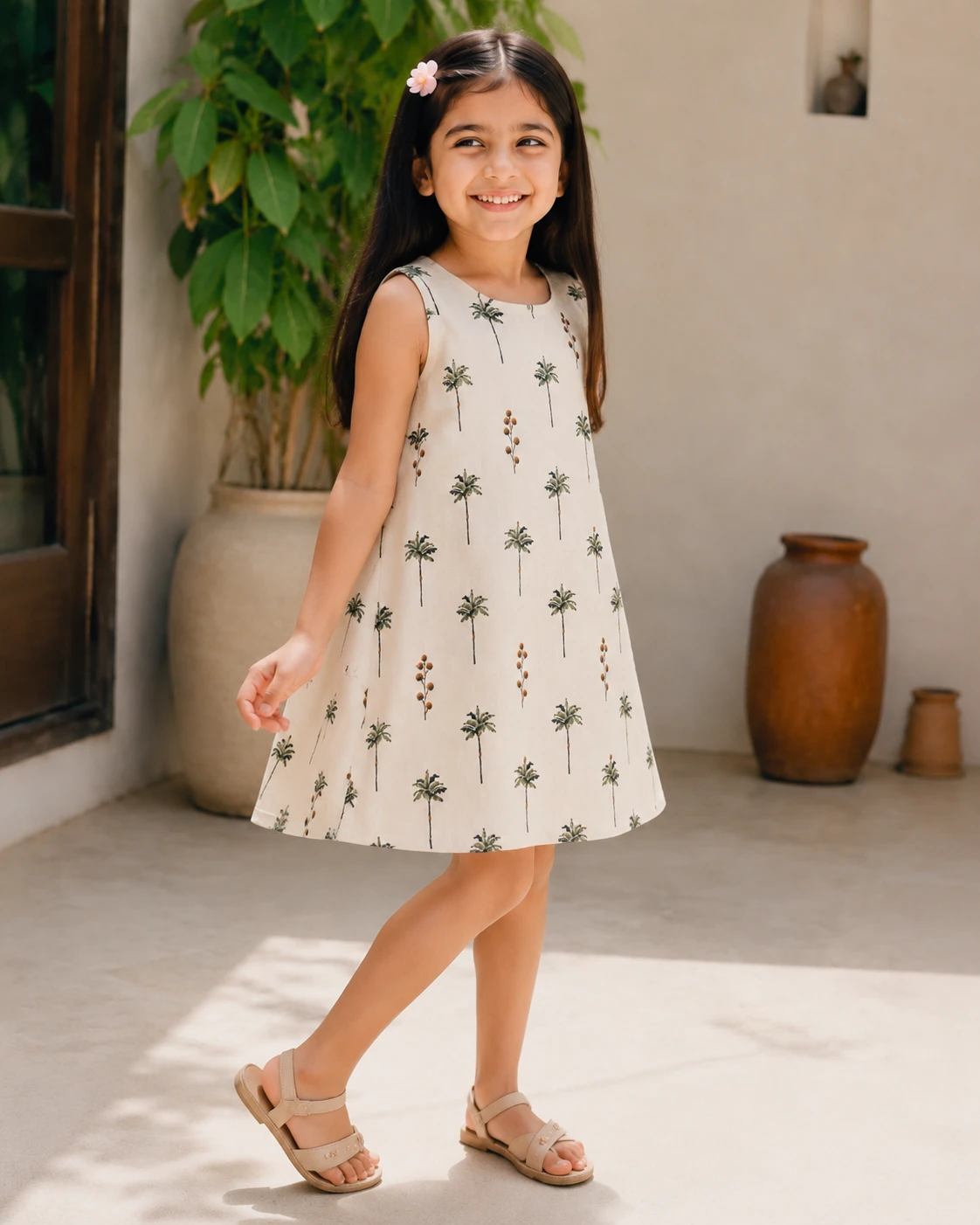 Girls Sleeveless Palm Tree Print A-Line Dress view 3