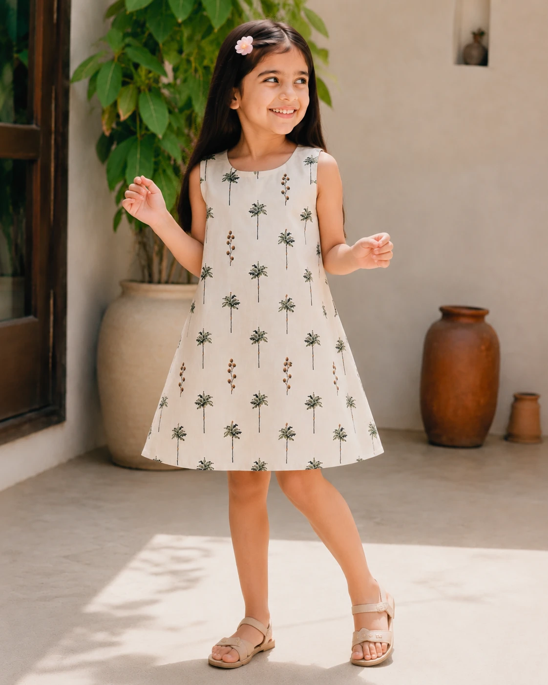 Girls Sleeveless Palm Tree Print A-Line Dress view 5
