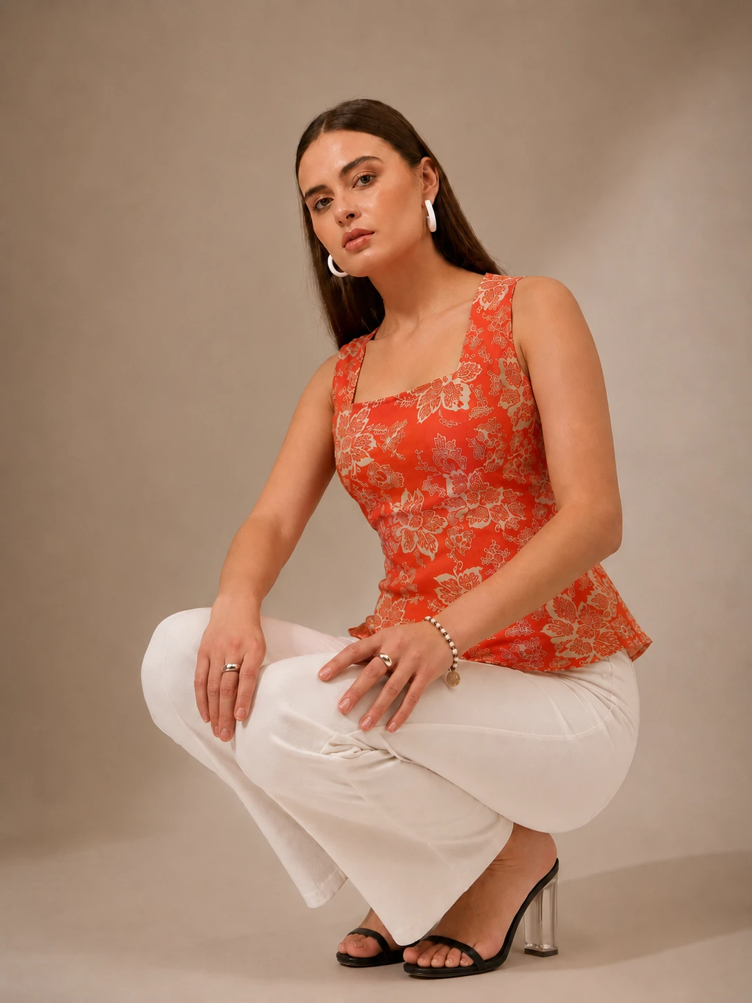 Women's Orange Floral Square-Neck Sleeveless Top view 5