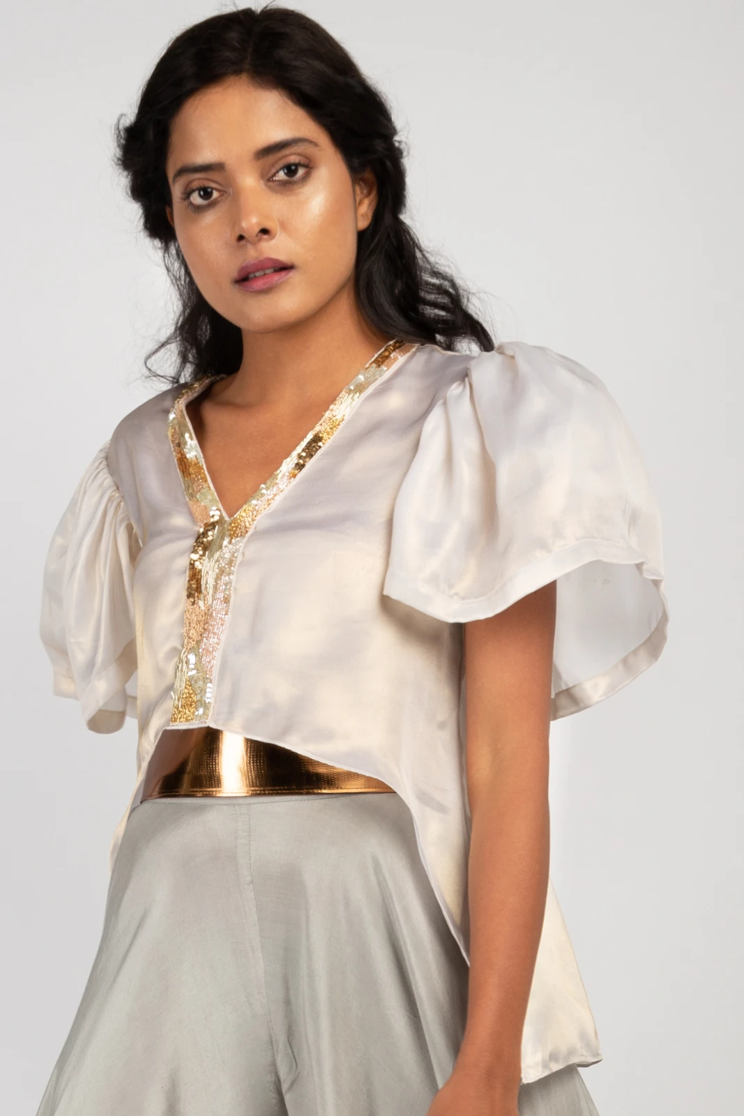 Women's Ivory Embellished Top with Grey Flared Palazzo Set view 2