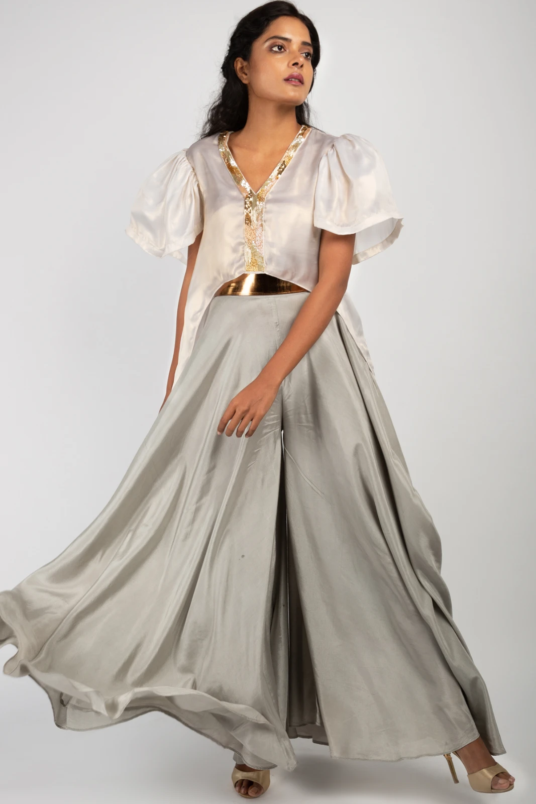 Women's Ivory Embellished Top with Grey Flared Palazzo Set view 3