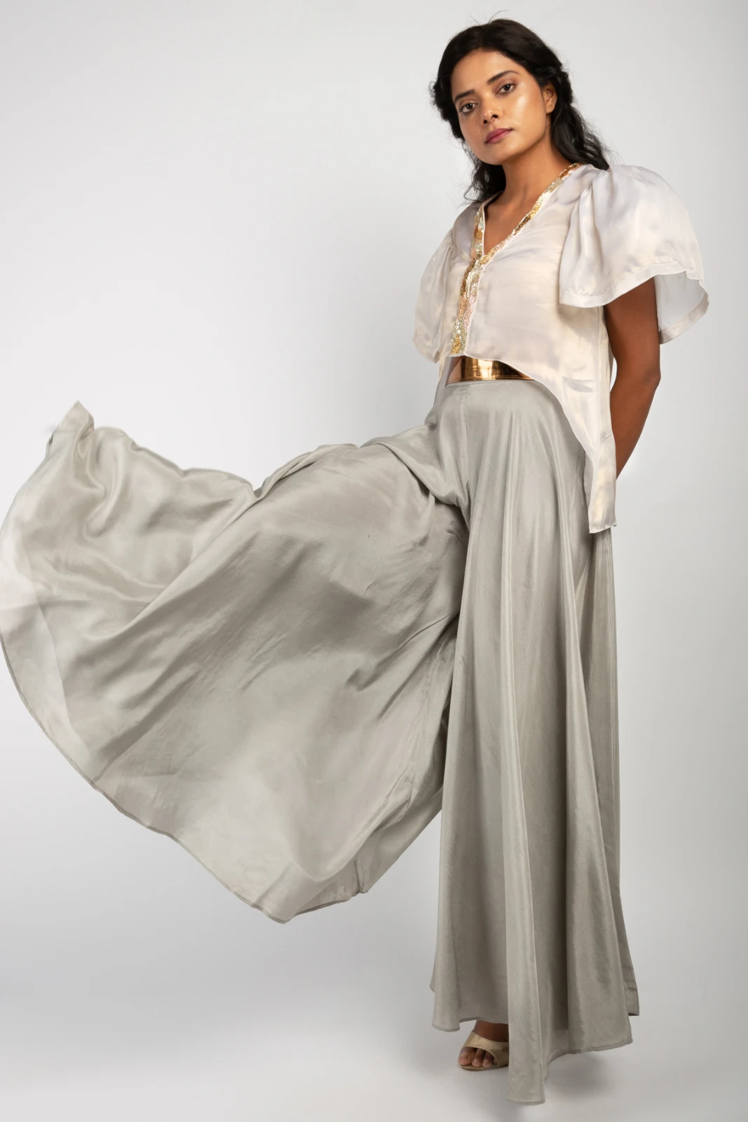 Women's Ivory Embellished Top with Grey Flared Palazzo Set view 4
