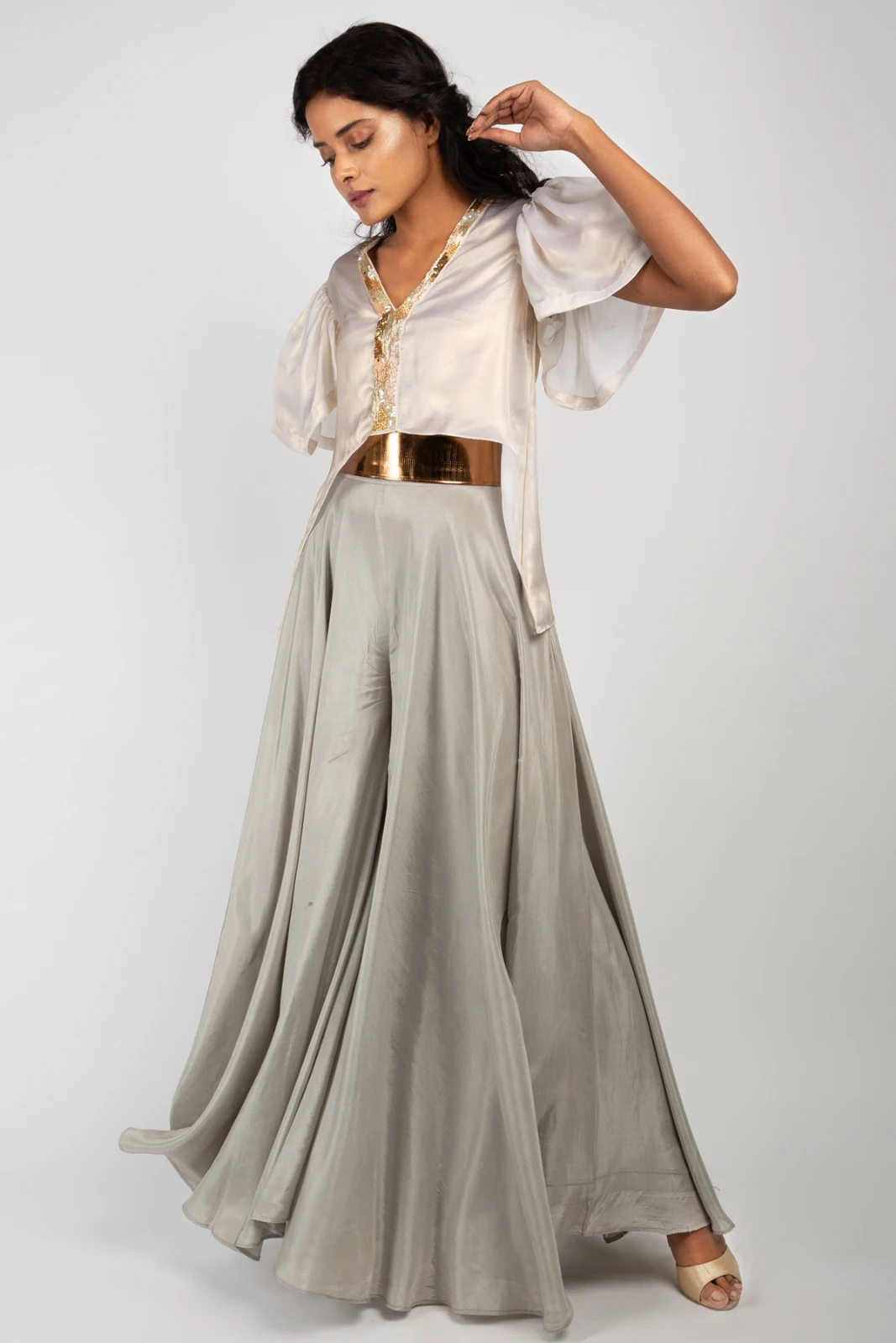 Women's Ivory Embellished Top with Grey Flared Palazzo Set view 5