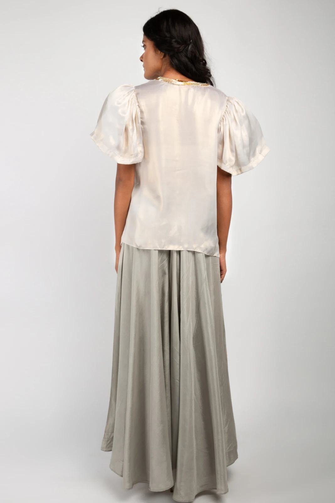 Women's Ivory Embellished Top with Grey Flared Palazzo Set view 6