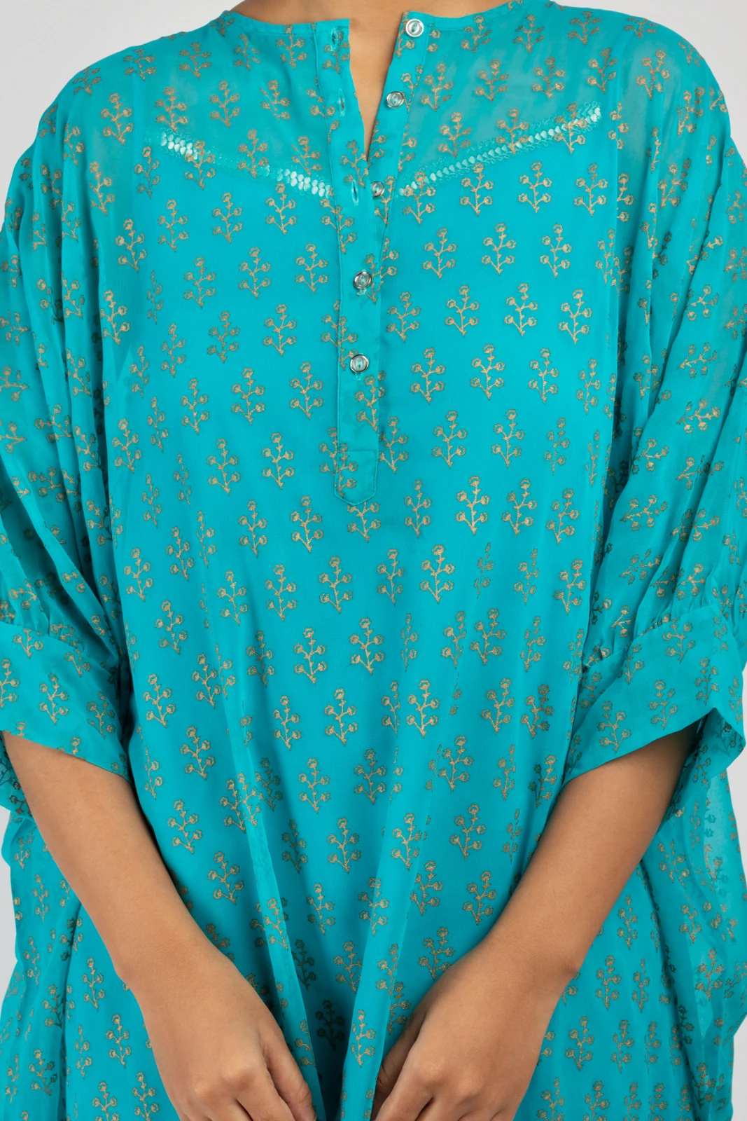 Women’s Turquoise Printed kaftan Kurta with tulip Pants Set view 2