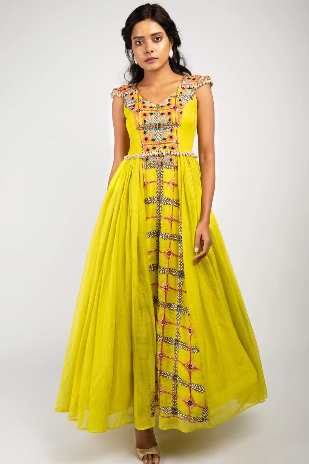 Women’s Embroidered lemon green Party Wear Gown view 2