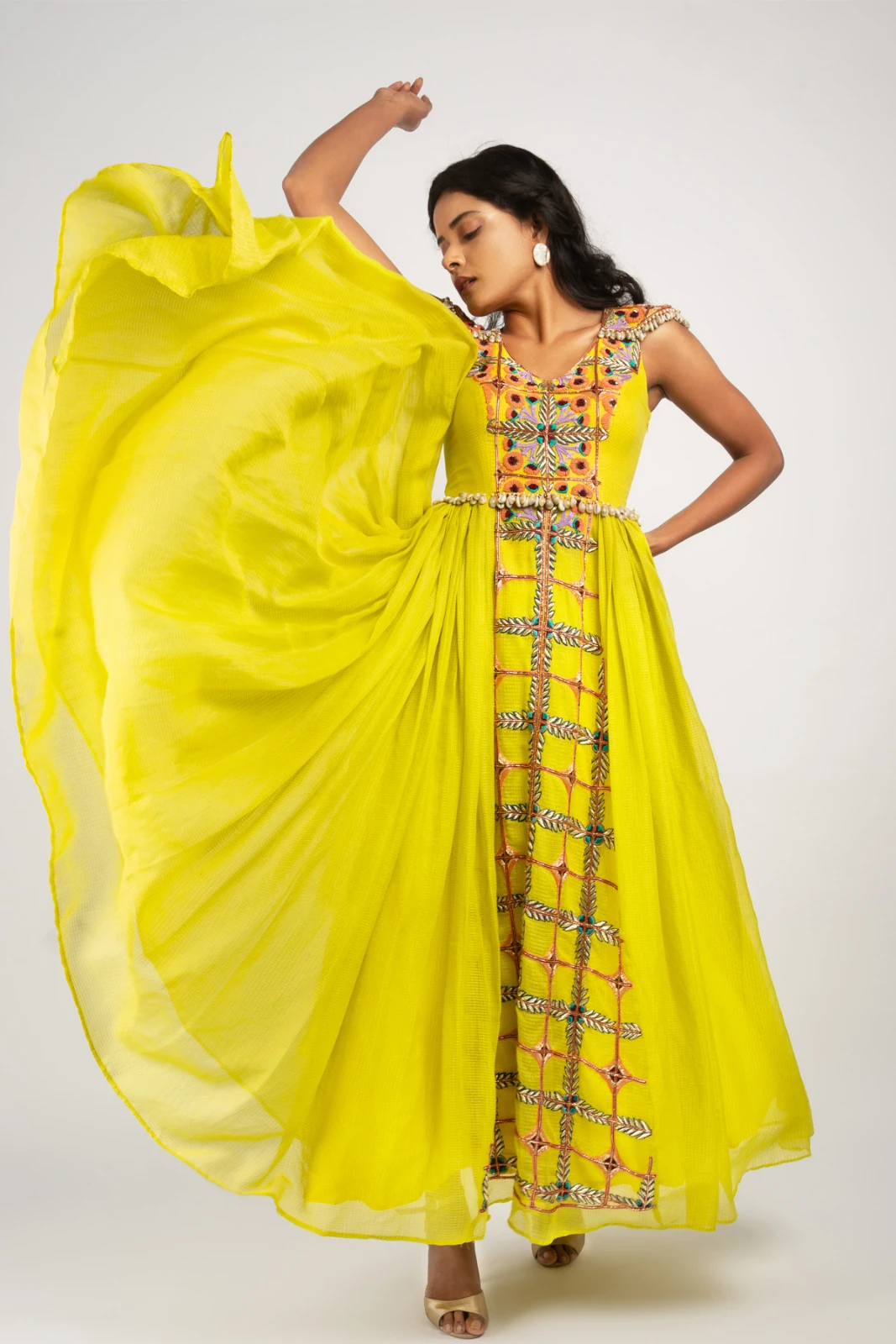 Women’s Embroidered lemon green Party Wear Gown view 5