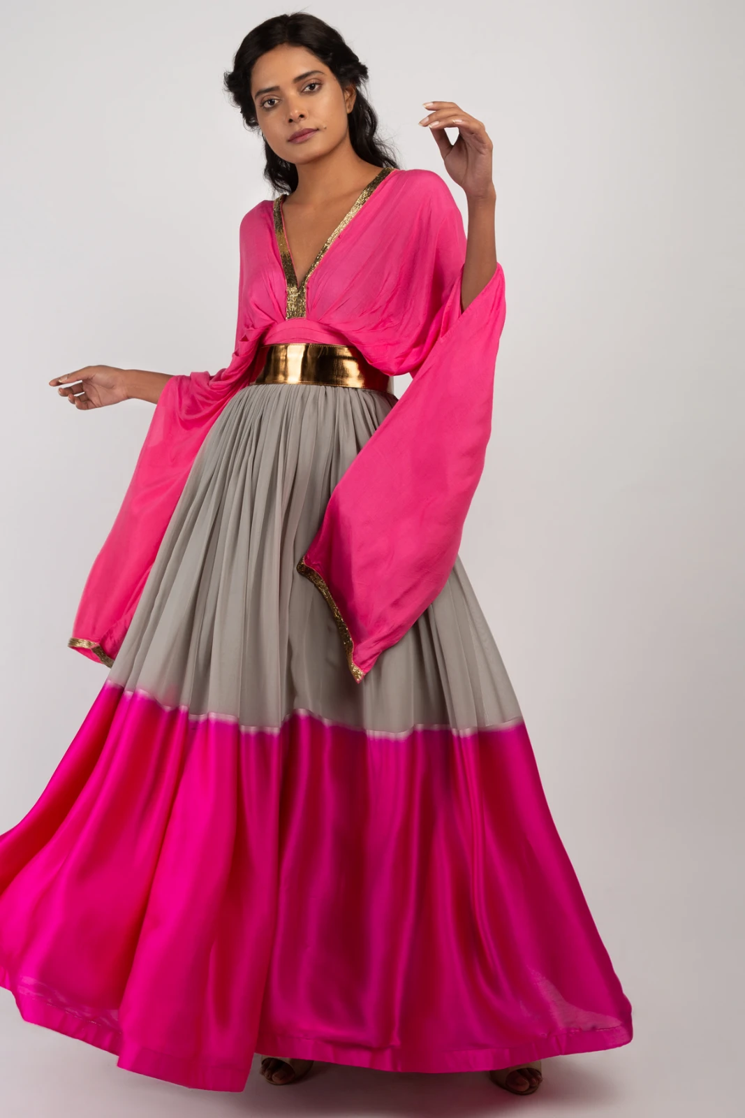 Women’s Pink & Grey Embellished Drape Top and Lehenga Set view 2