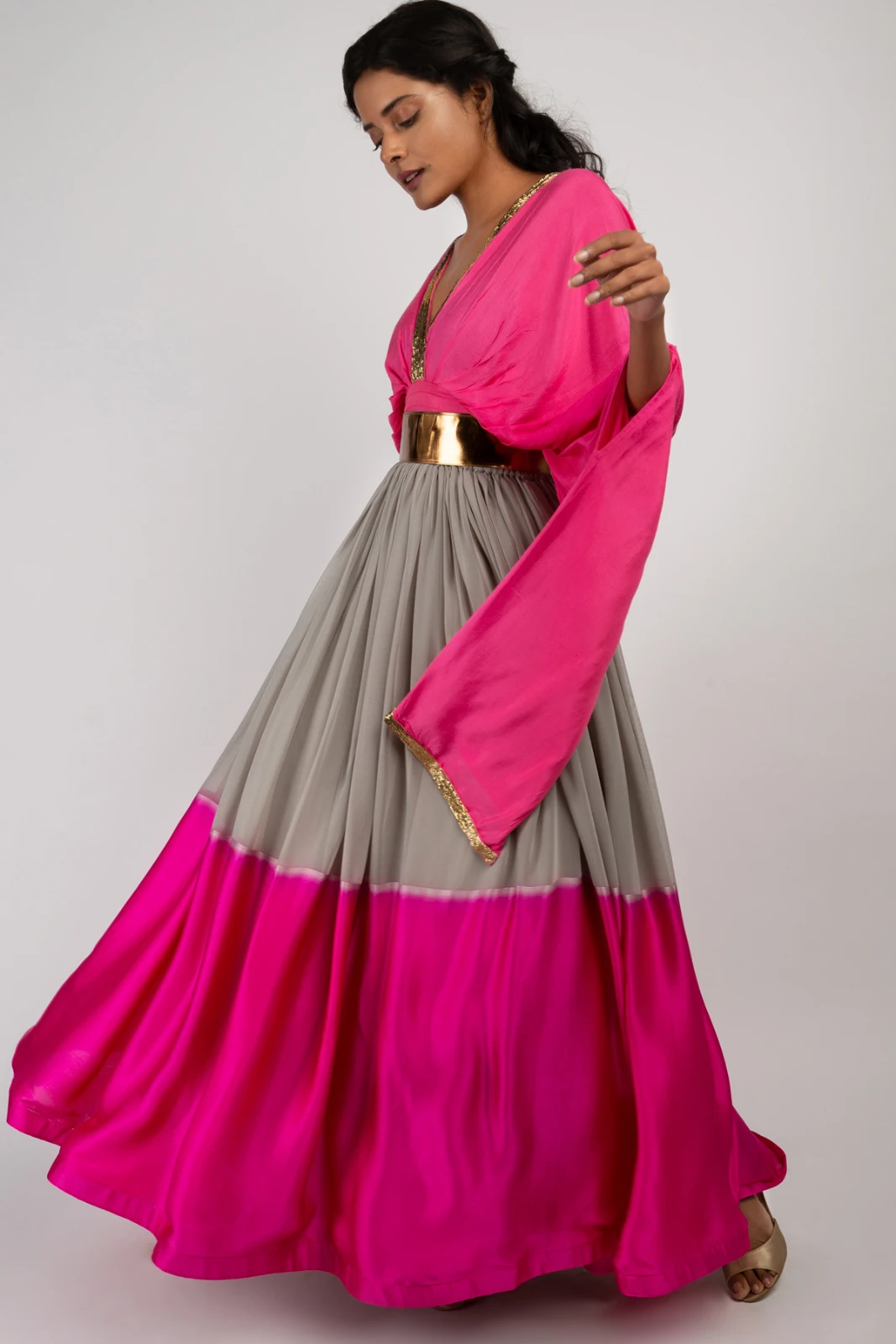 Women’s Pink & Grey Embellished Drape Top and Lehenga Set view 3