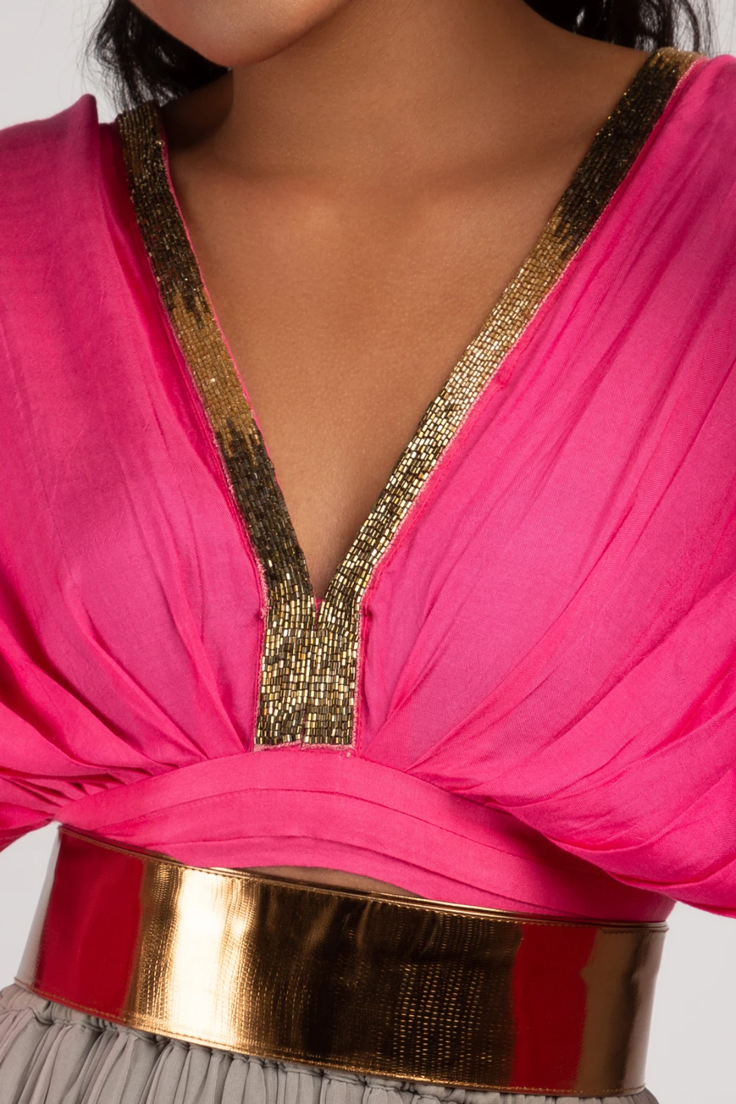 Women’s Pink & Grey Embellished Drape Top and Lehenga Set view 5