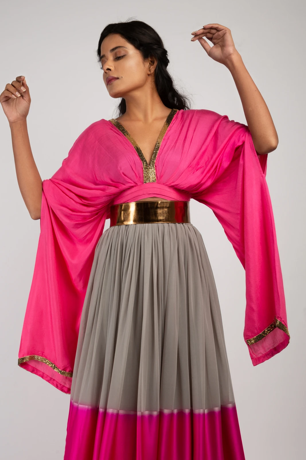 Women’s Pink & Grey Embellished Drape Top and Lehenga Set view 6