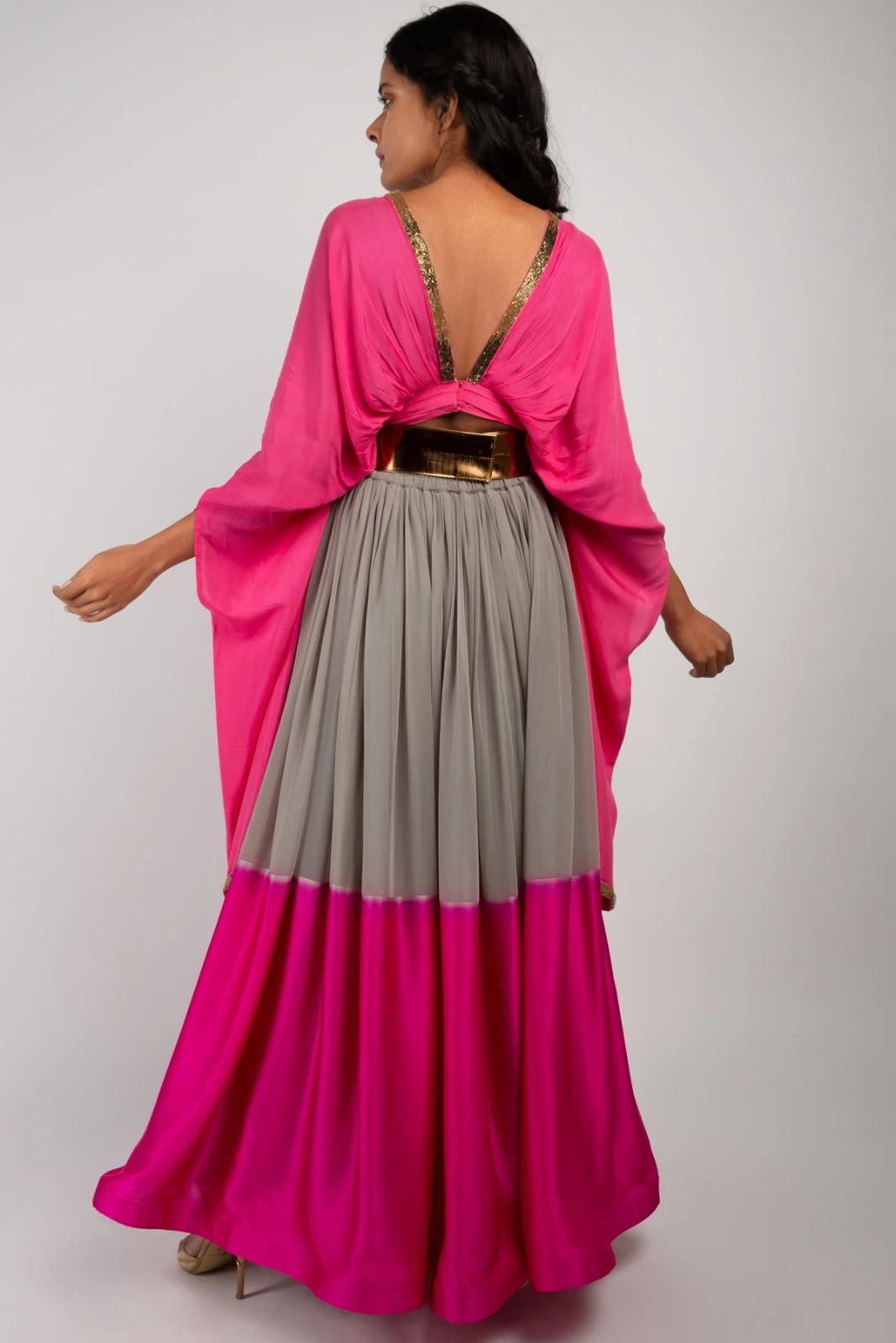Women’s Pink & Grey Embellished Drape Top and Lehenga Set view 8