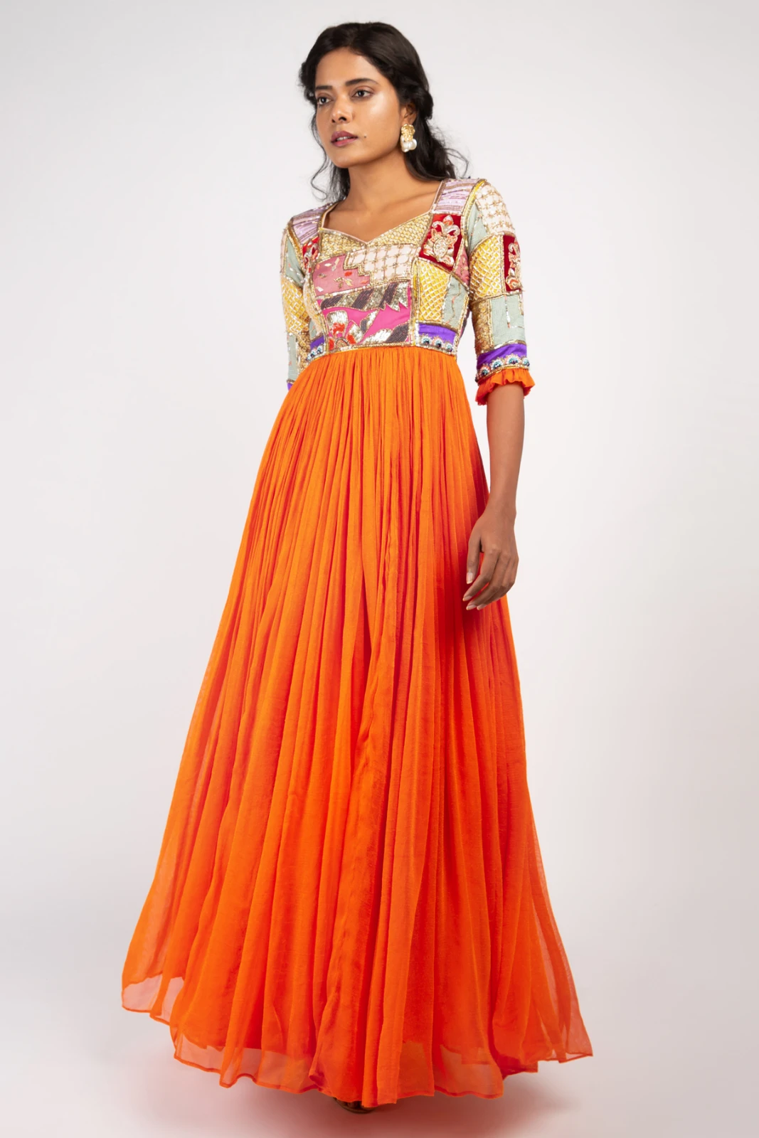 Women’s Orange Embroidered Wedding Wear Gown view 3