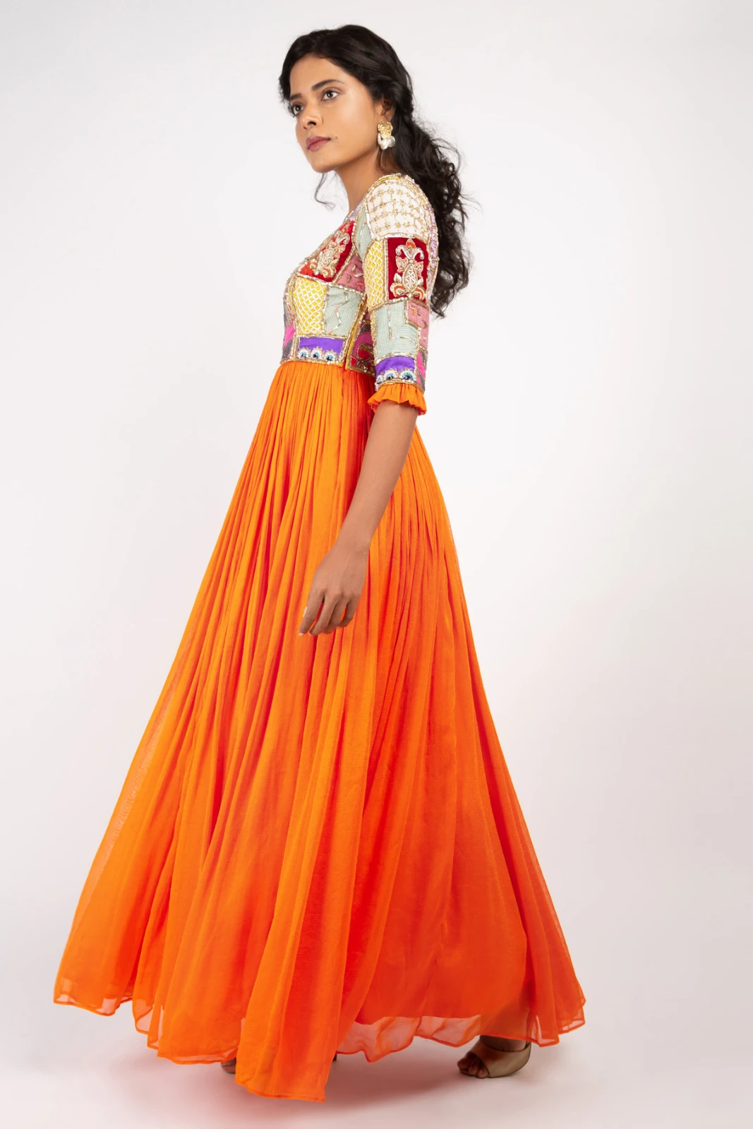 Women’s Orange Embroidered Wedding Wear Gown view 4