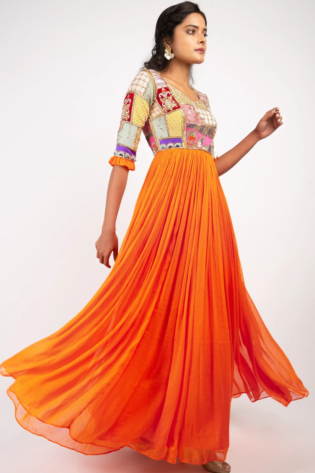Women’s Orange Embroidered Wedding Wear Gown view 6