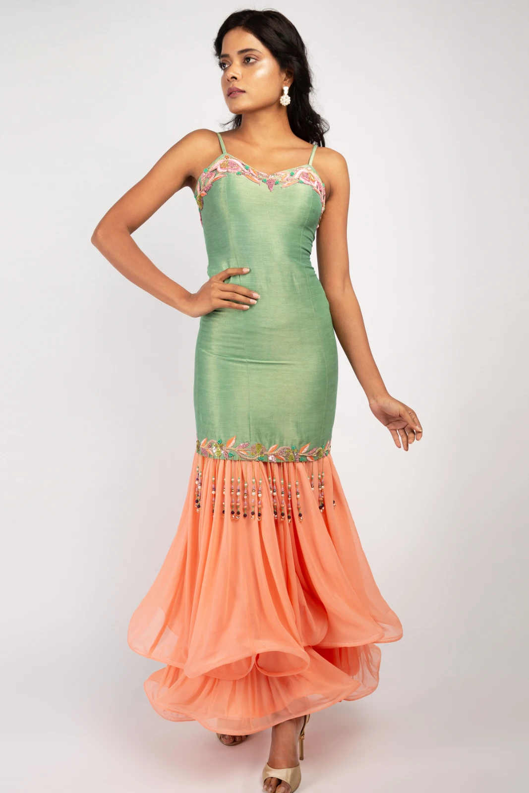Women’s Embroidered Strappy Body Fit Party Wear Kurta and Peach Palazzo Pant Set view 3