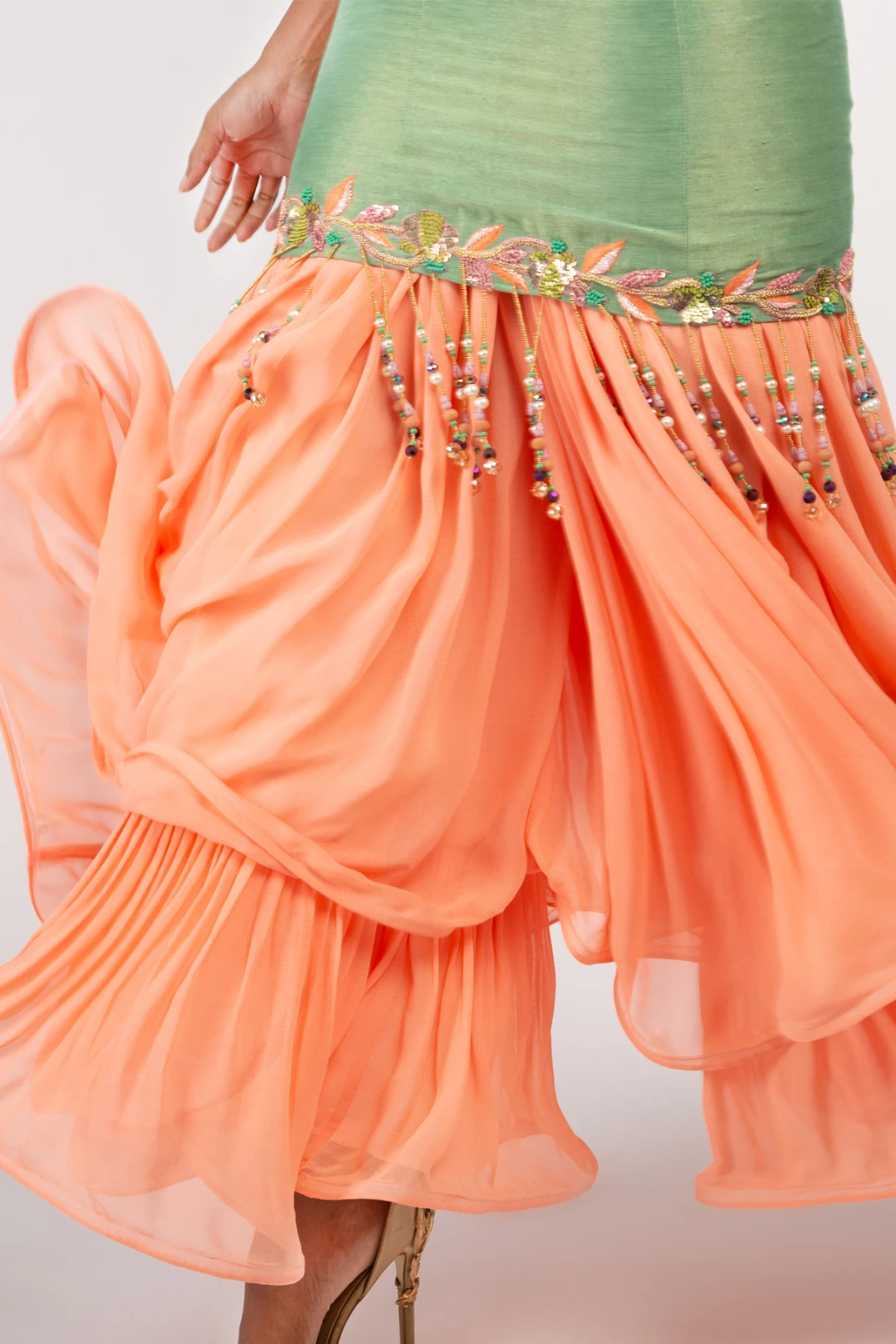 Women’s Embroidered Strappy Body Fit Party Wear Kurta and Peach Palazzo Pant Set view 5