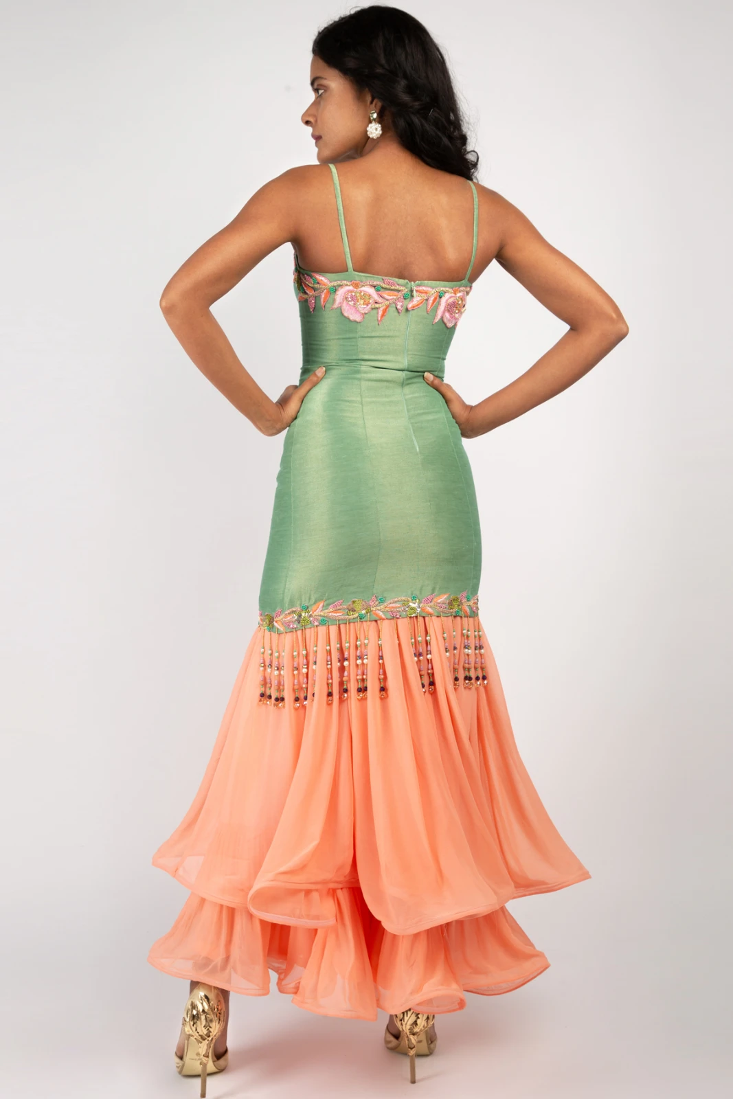 Women’s Embroidered Strappy Body Fit Party Wear Kurta and Peach Palazzo Pant Set view 7