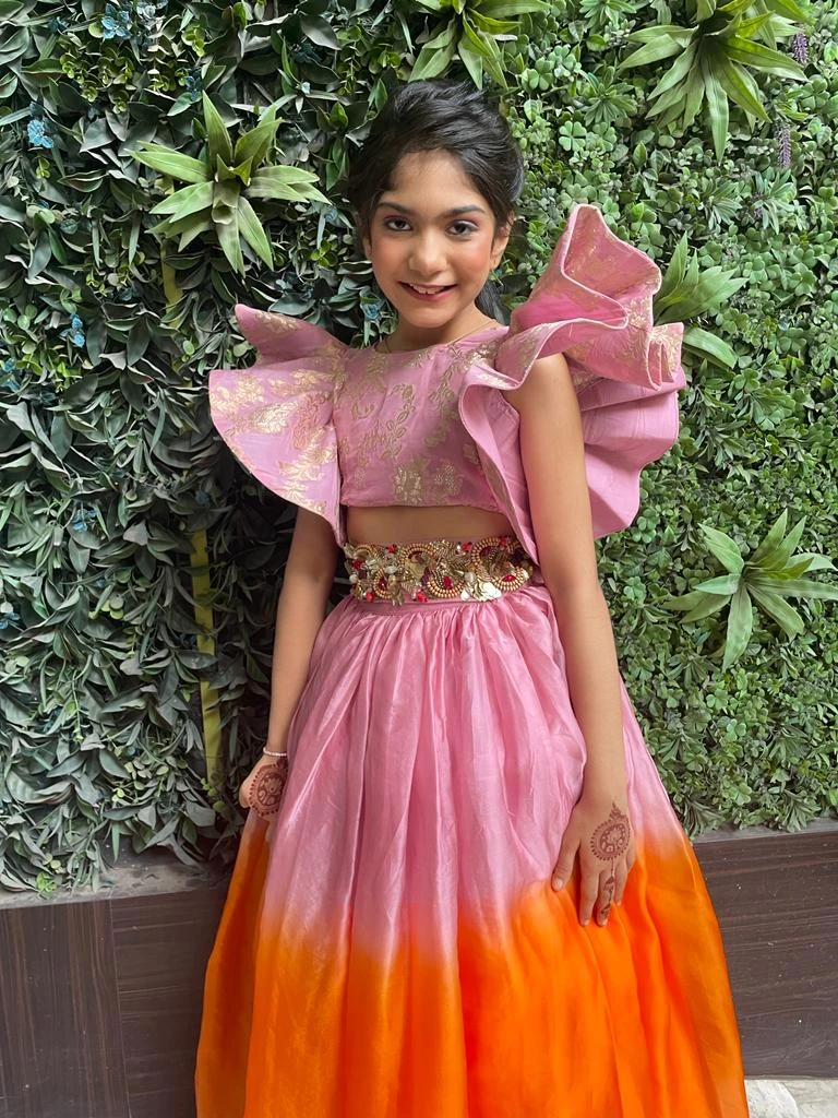 Girls Pink to Orange Ombre Party Gown with Ruffle Sleeves view 2