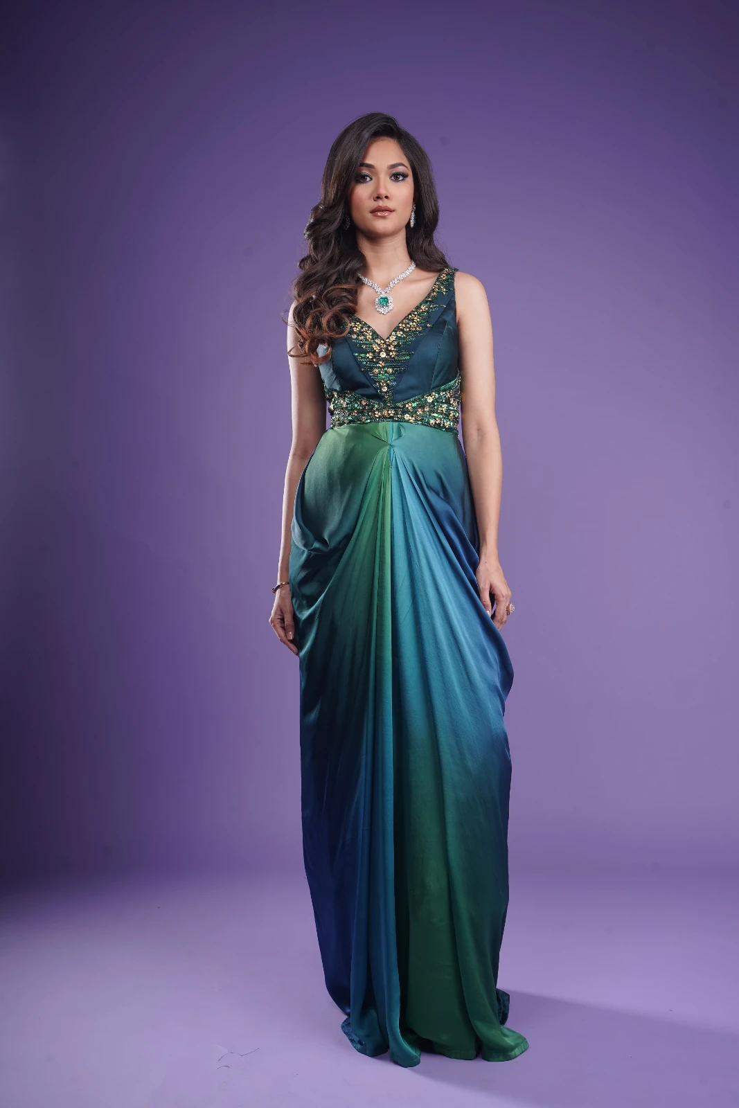 Women's peacock Green Wedding wear Drape Gown view 2