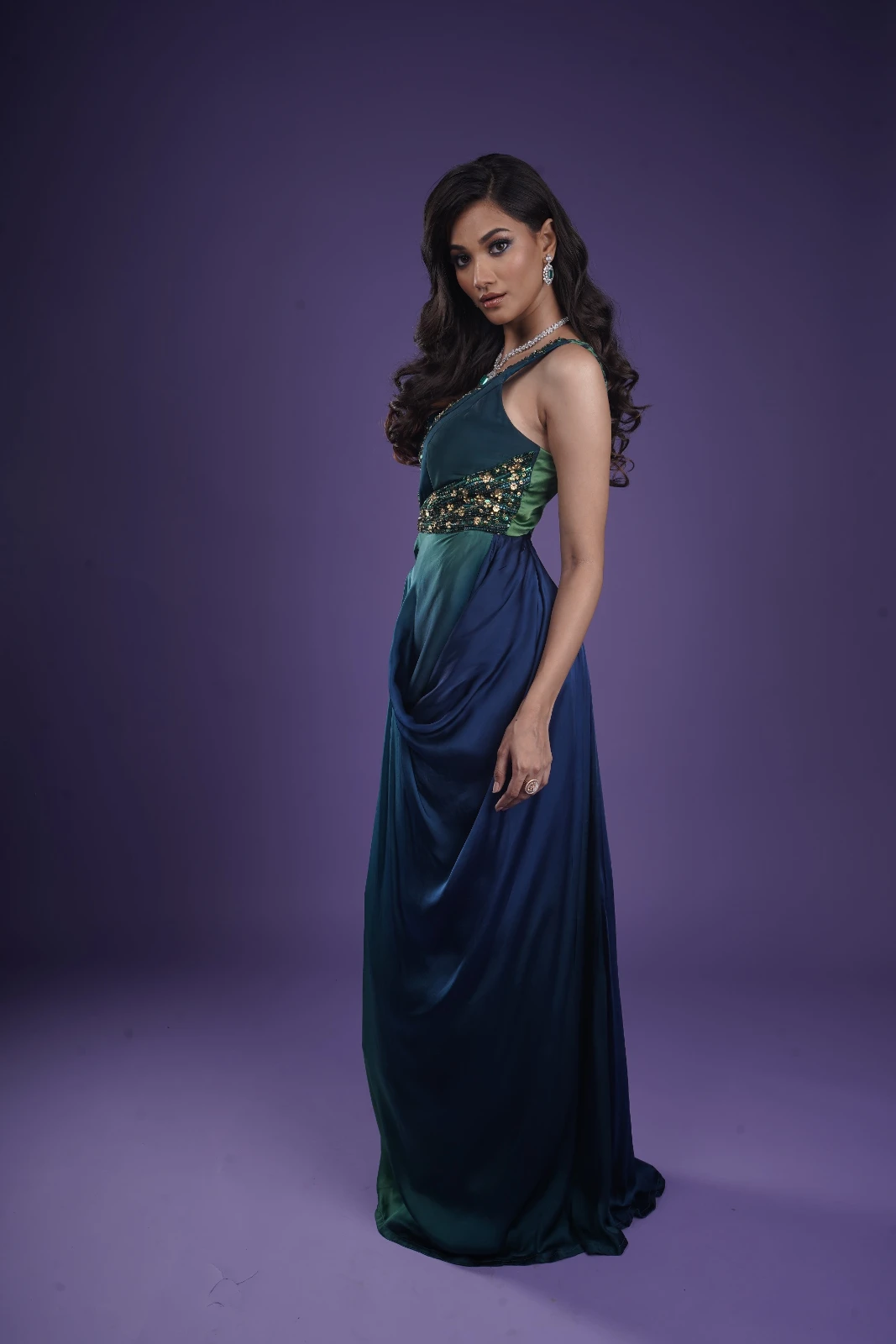 Women's peacock Green Wedding wear Drape Gown view 3