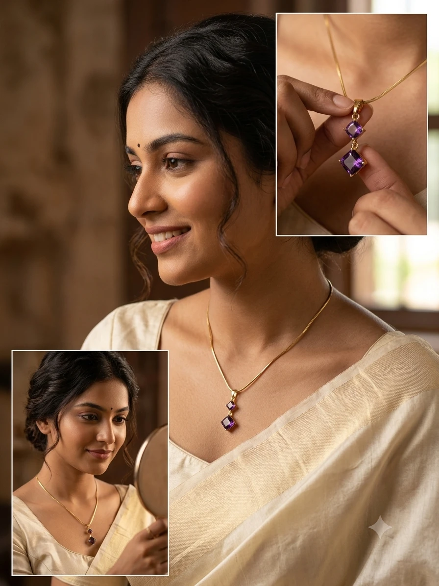 Gold-Tone Purple Gemstone Pendant Necklace view 2