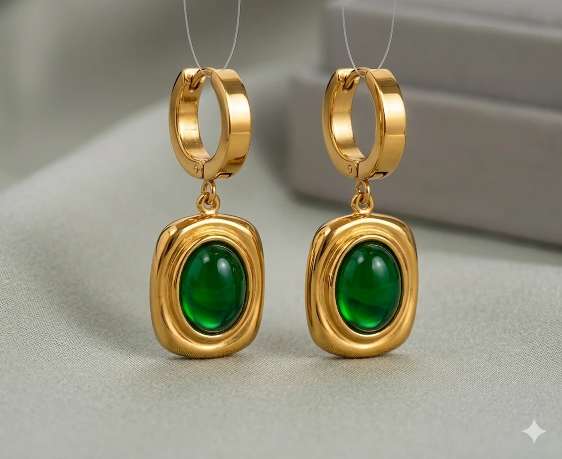 Gold-Tone Green Stone Drop Hoop Earrings view 2