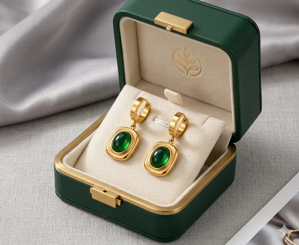 Gold-Tone Green Stone Drop Hoop Earrings view 3