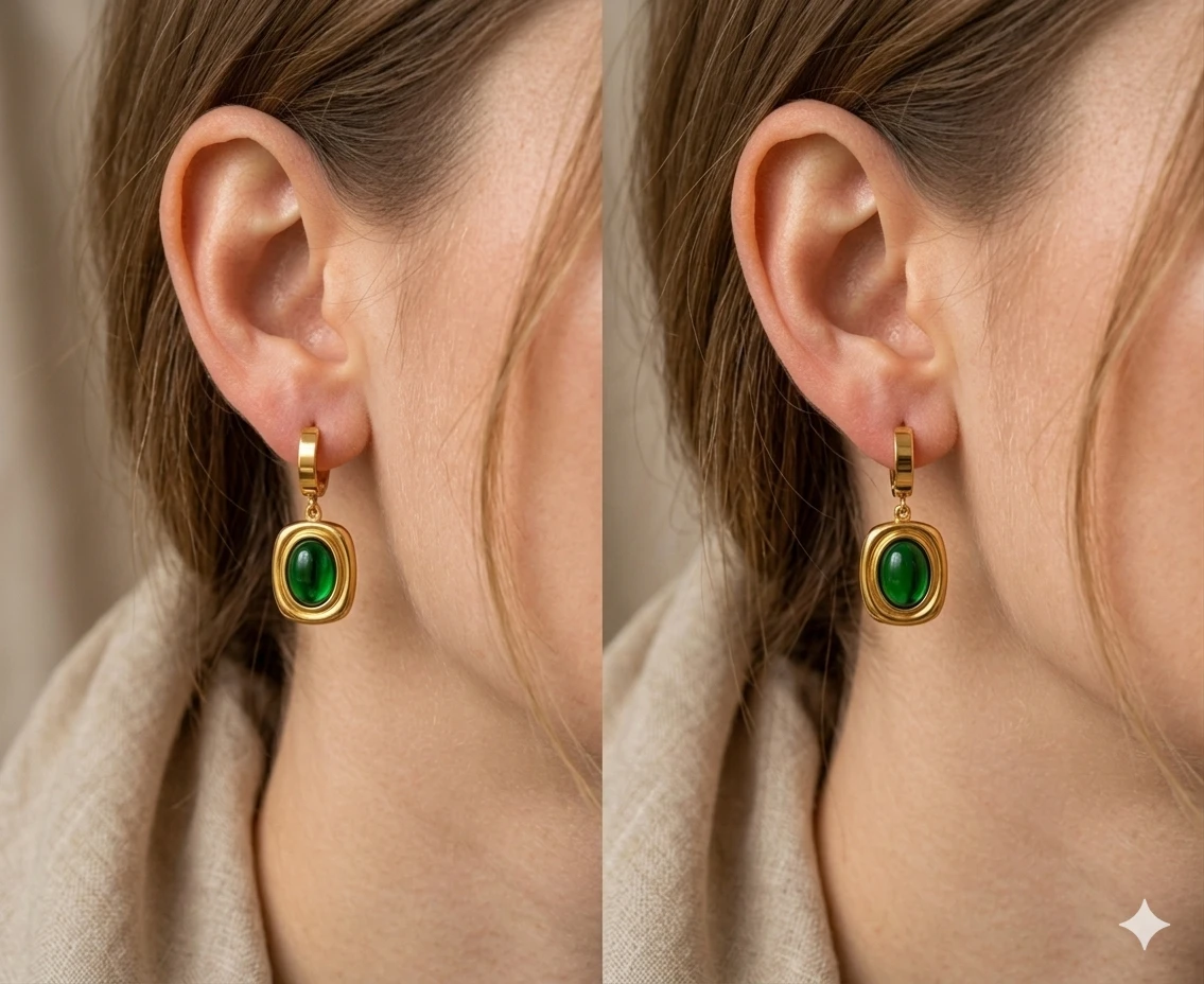 Gold-Tone Green Stone Drop Hoop Earrings view 4