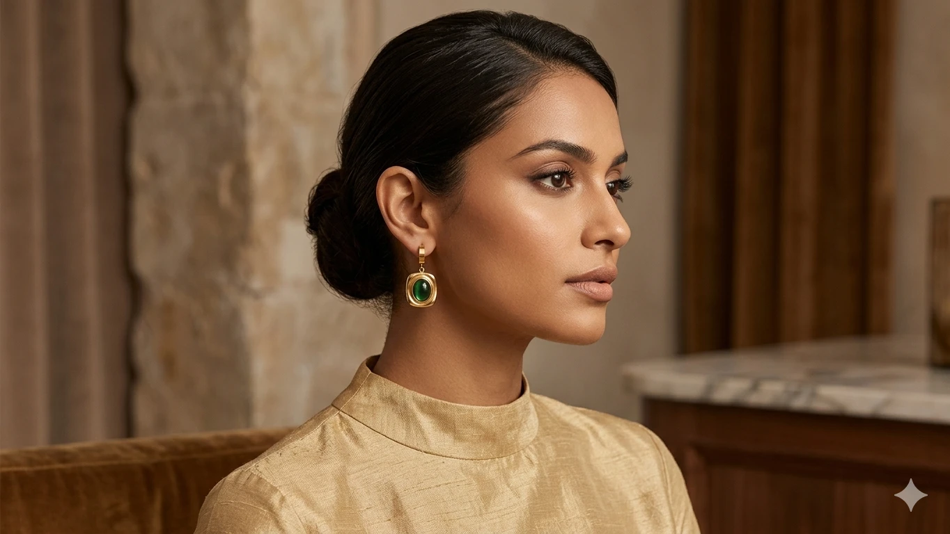 Gold-Tone Green Stone Drop Hoop Earrings view 5