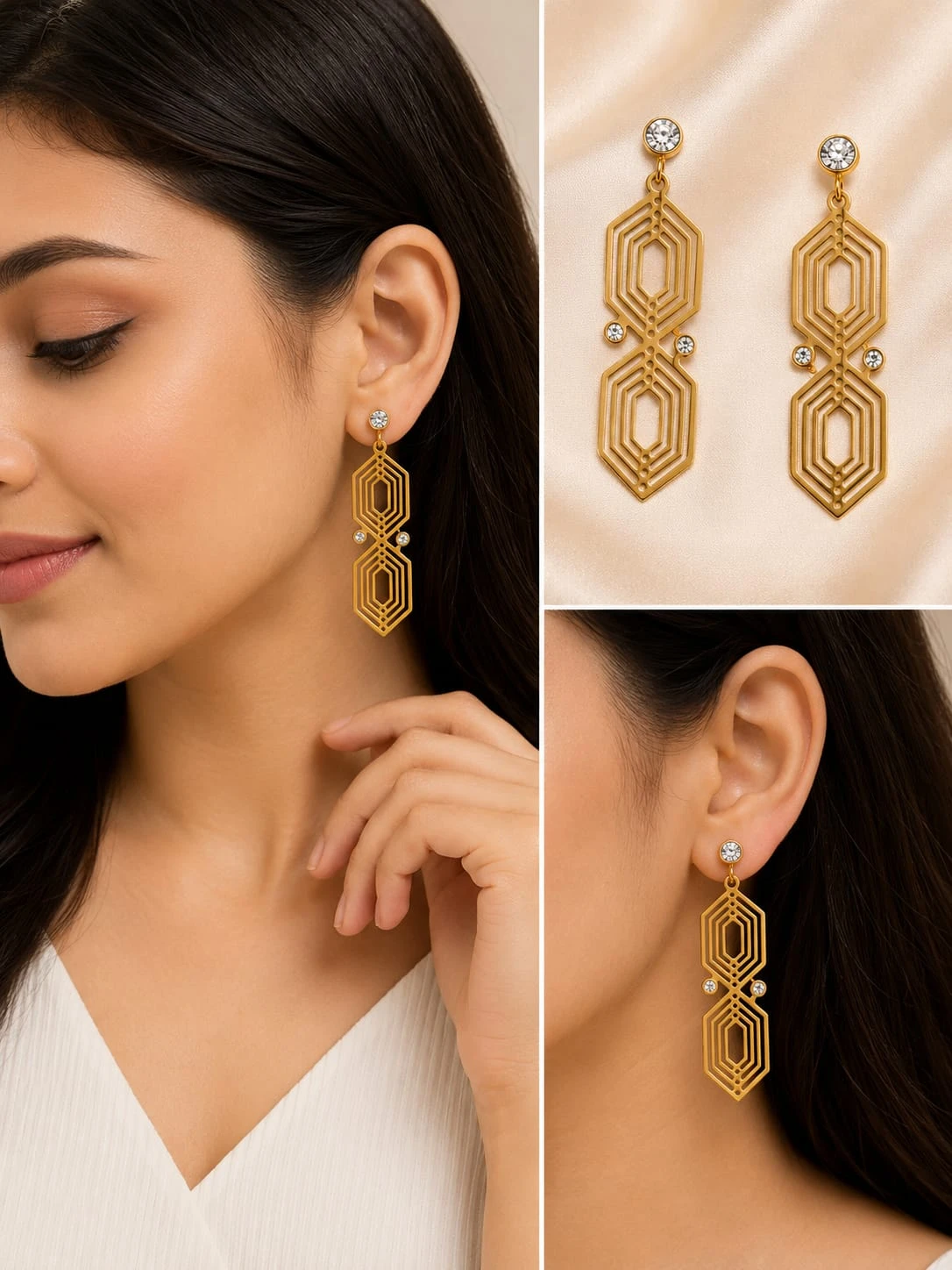 Gold-Plated Geometric Filigree Drop Earrings with Crystal Accents view 2