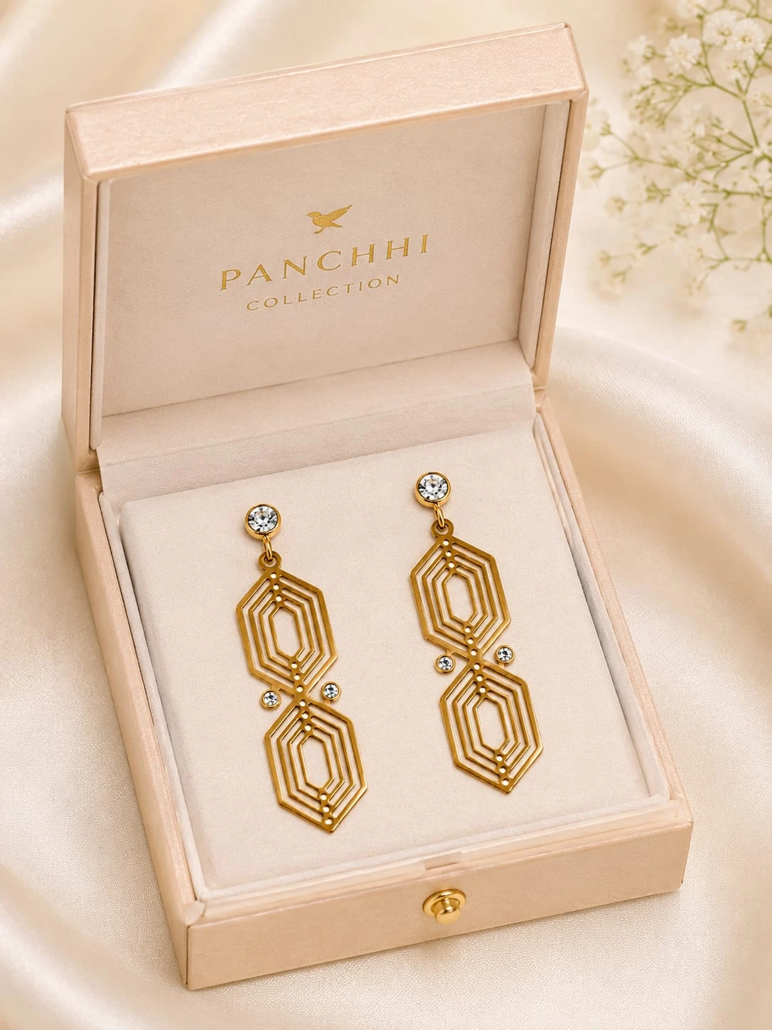Gold-Plated Geometric Filigree Drop Earrings with Crystal Accents view 3