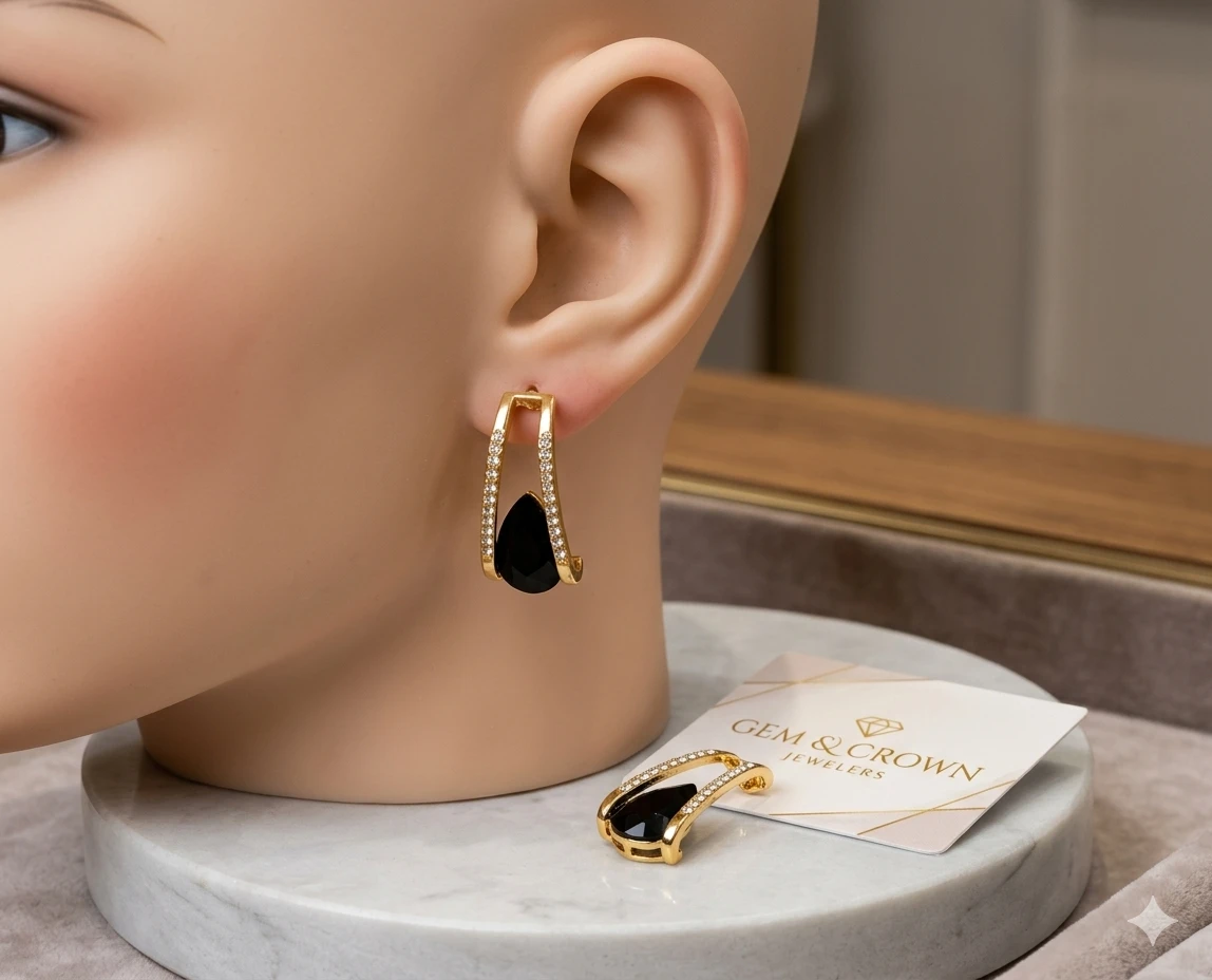 Gold-Tone Crystal Hoop Earrings with Black Stone Detail view 2