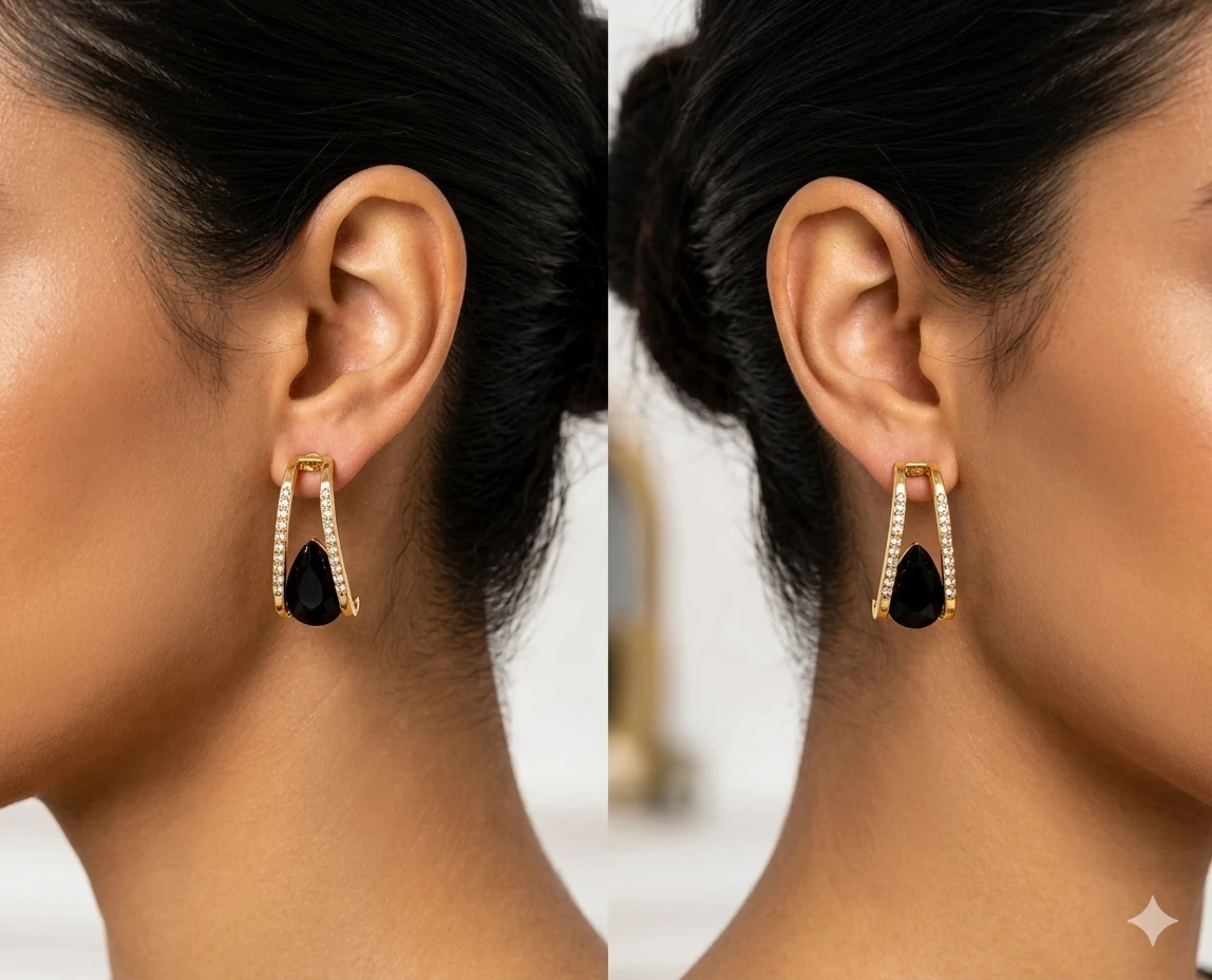Gold-Tone Crystal Hoop Earrings with Black Stone Detail view 3