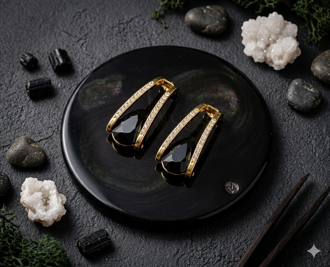 Gold-Tone Crystal Hoop Earrings with Black Stone Detail view 5