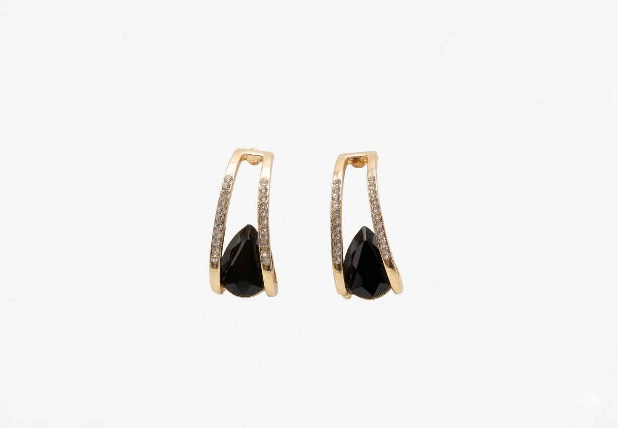 Gold-Tone Crystal Hoop Earrings with Black Stone Detail view 6