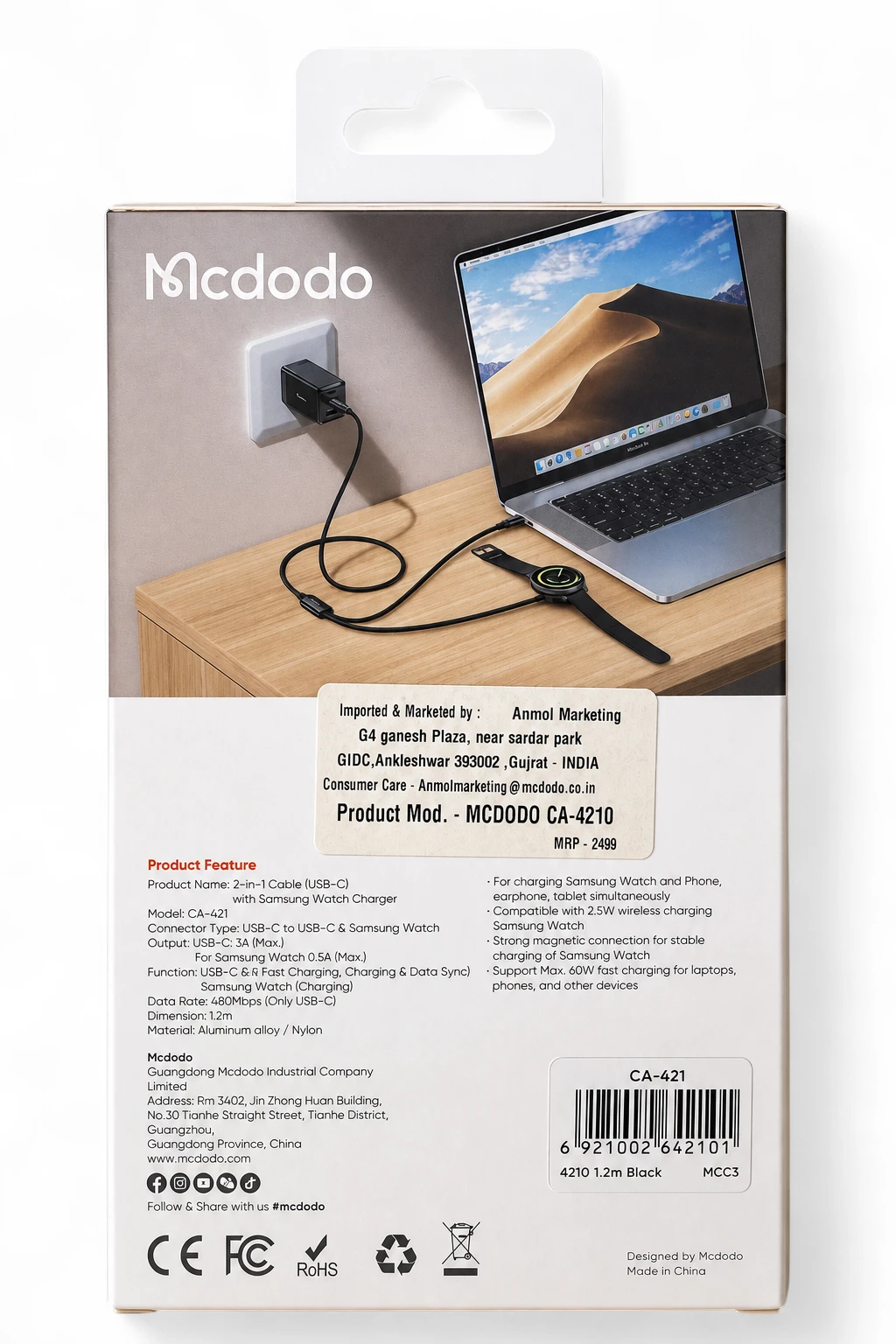 Mcdodo 2-in-1 USB-C Cable with Samsung Watch Charger 60W view 2