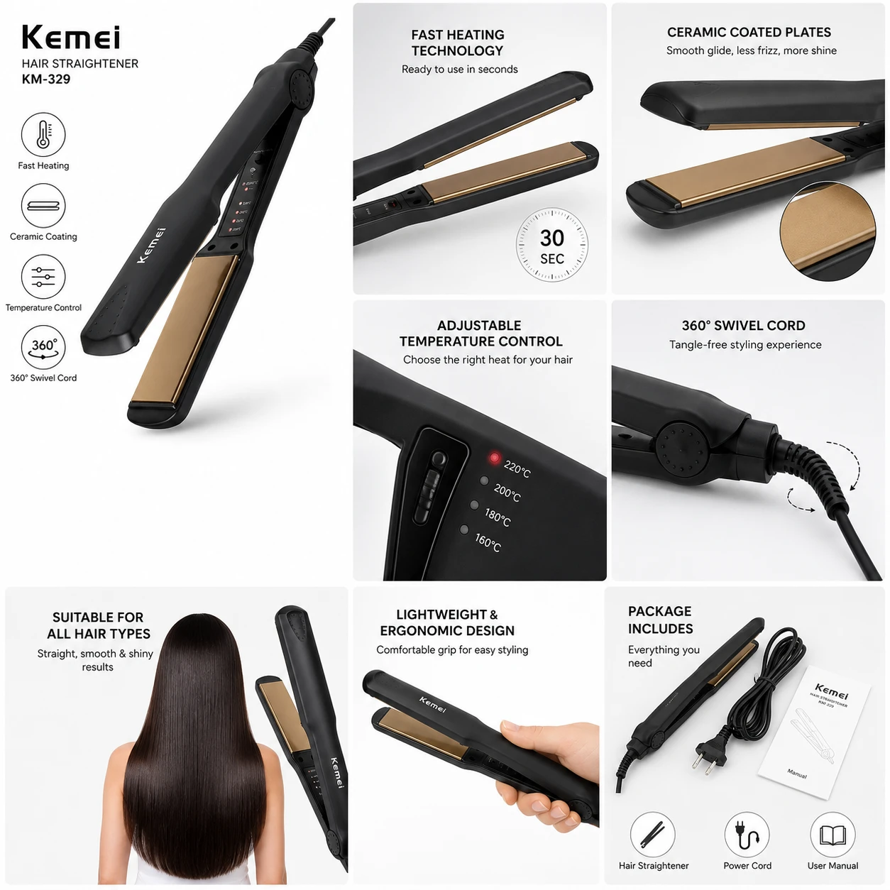 Kemei Professional Hair Straightener with Ceramic Coated Plates view 2