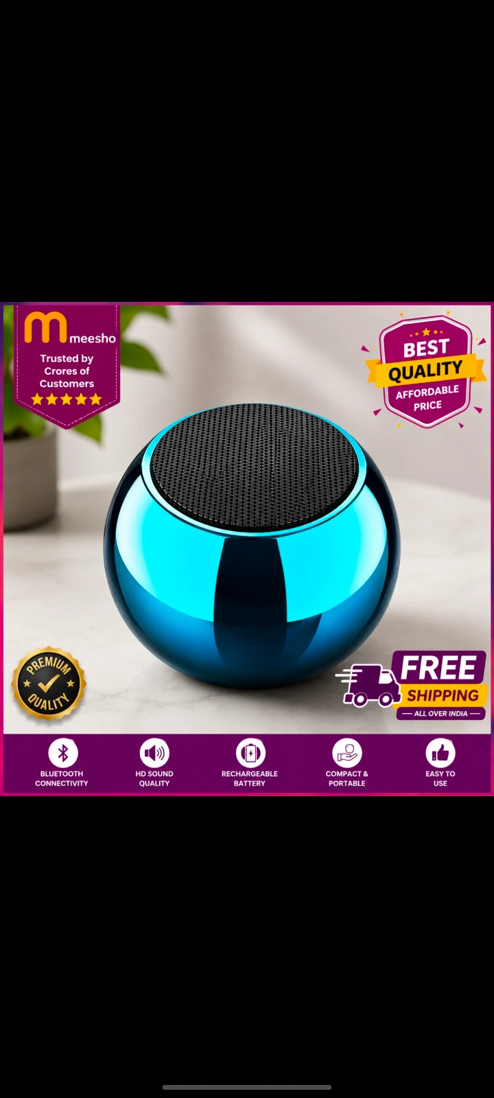 Portable Mini Bluetooth Speaker with Rechargeable Battery - Blue view 1