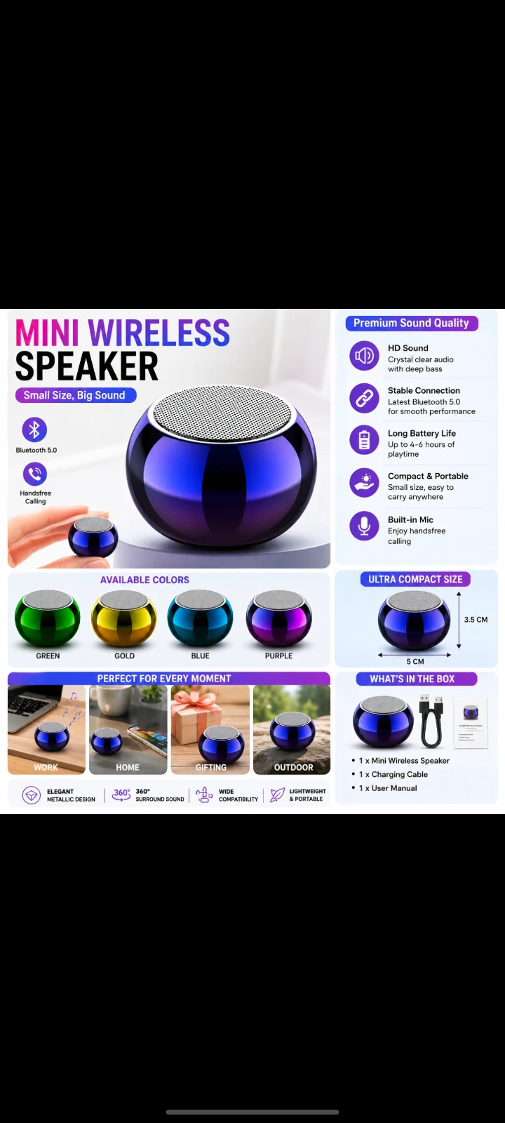 Portable Mini Bluetooth Speaker with Rechargeable Battery - Blue view 4